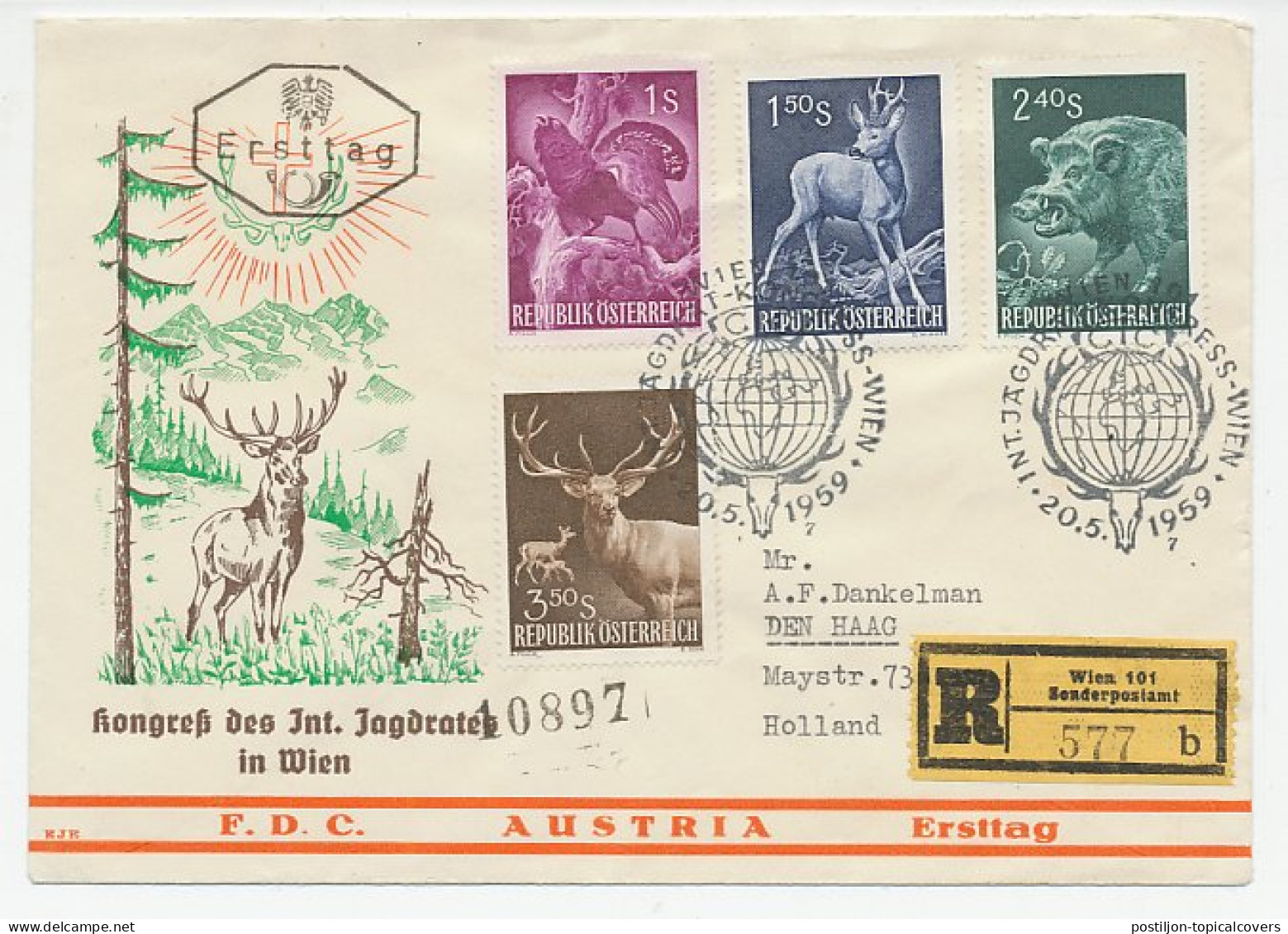 Registered Cover / Postmark Austria 1959 Hunting Congress - Capercaillie - Buck - Wild Boar - Deer - Stag - Andere & Zonder Classificatie