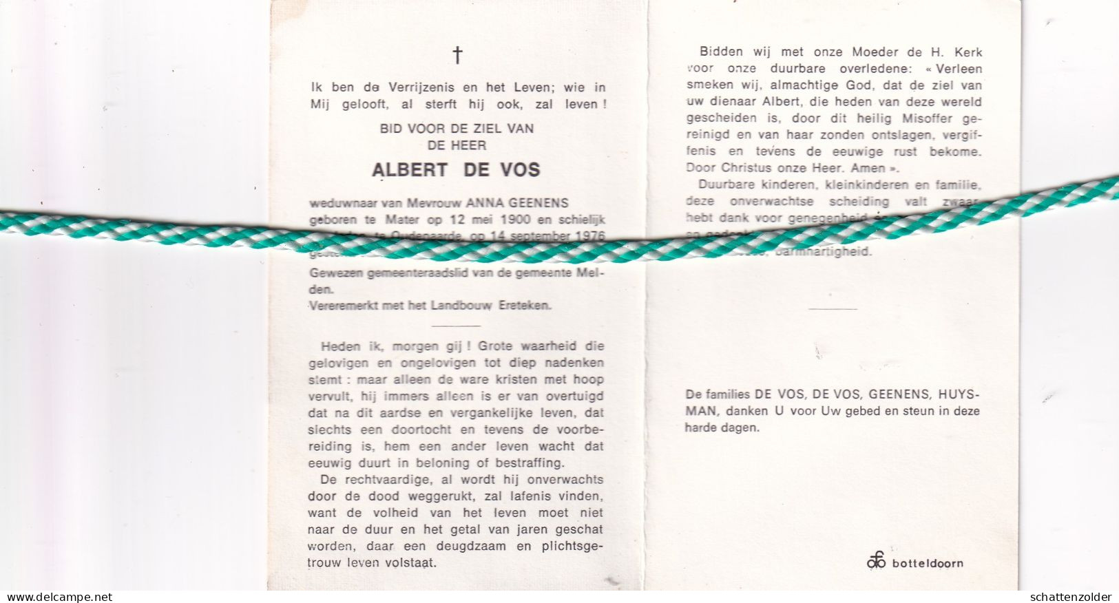 Albert De Vos-Geenens, Mater 1900, Oudenaarde 1976, Gewezen Gemeenteraadslid Melden - Todesanzeige