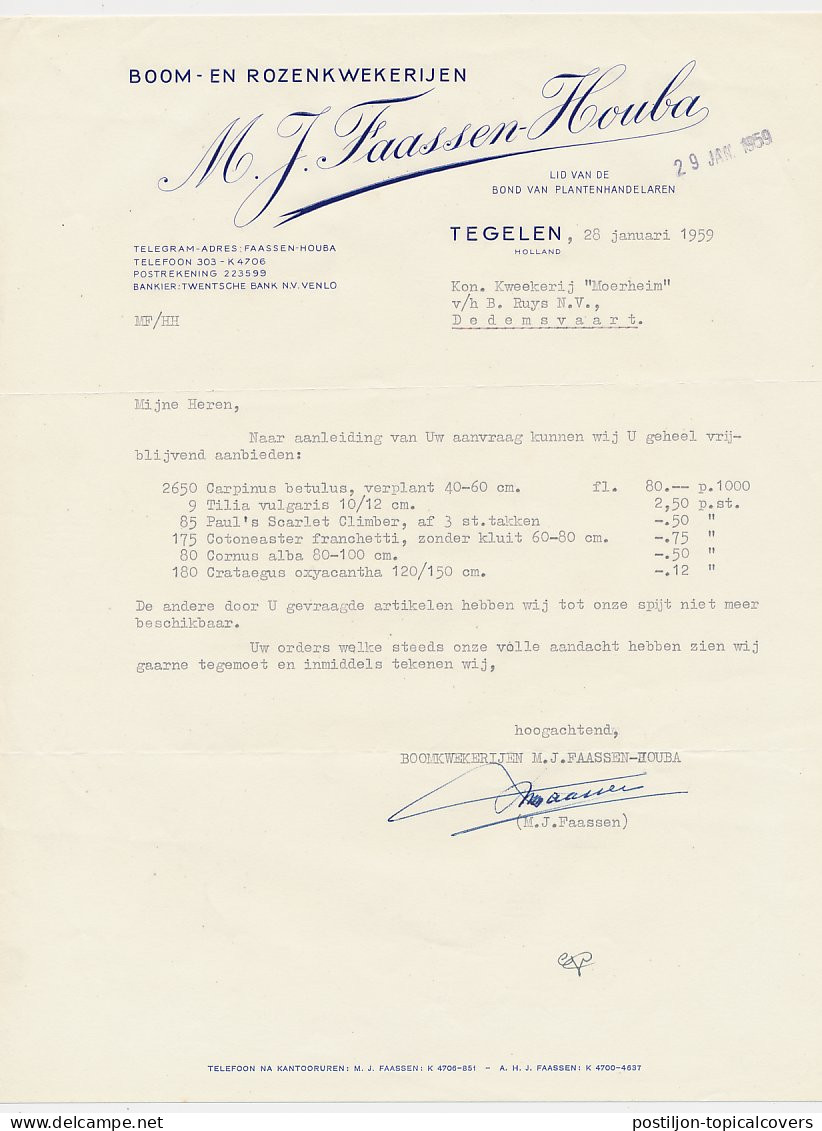 Brief Tegelen 1959 - Boomkwekerij - Rozenkwekerij - Niederlande