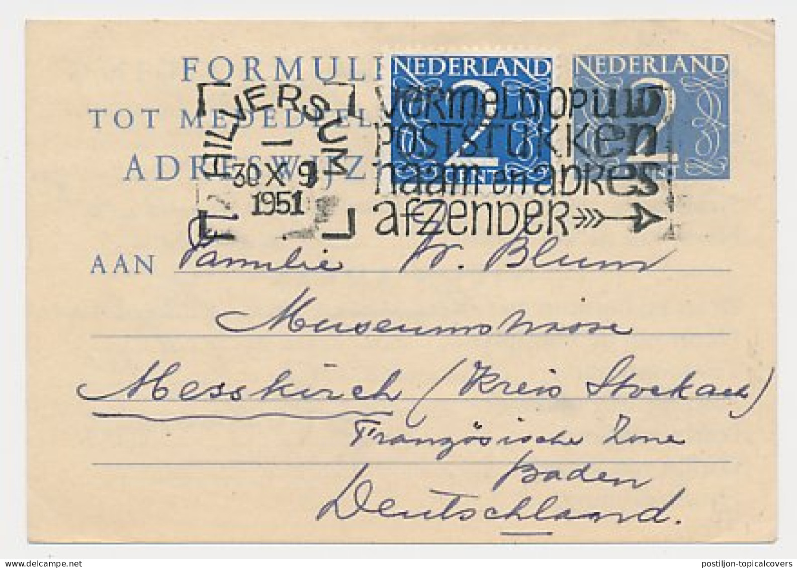 Verhuiskaart G. 19 Hilversum - Duitsland 1951 - Buitenland - Entiers Postaux