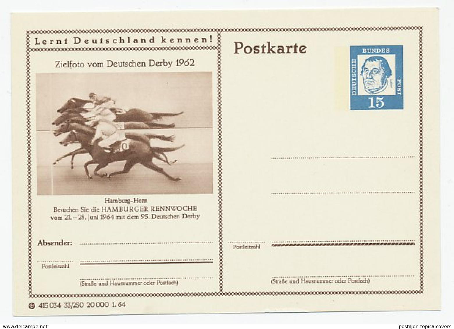 Postcard Germany 1964 Hamburger Race Week - Horse Racing - Ippica