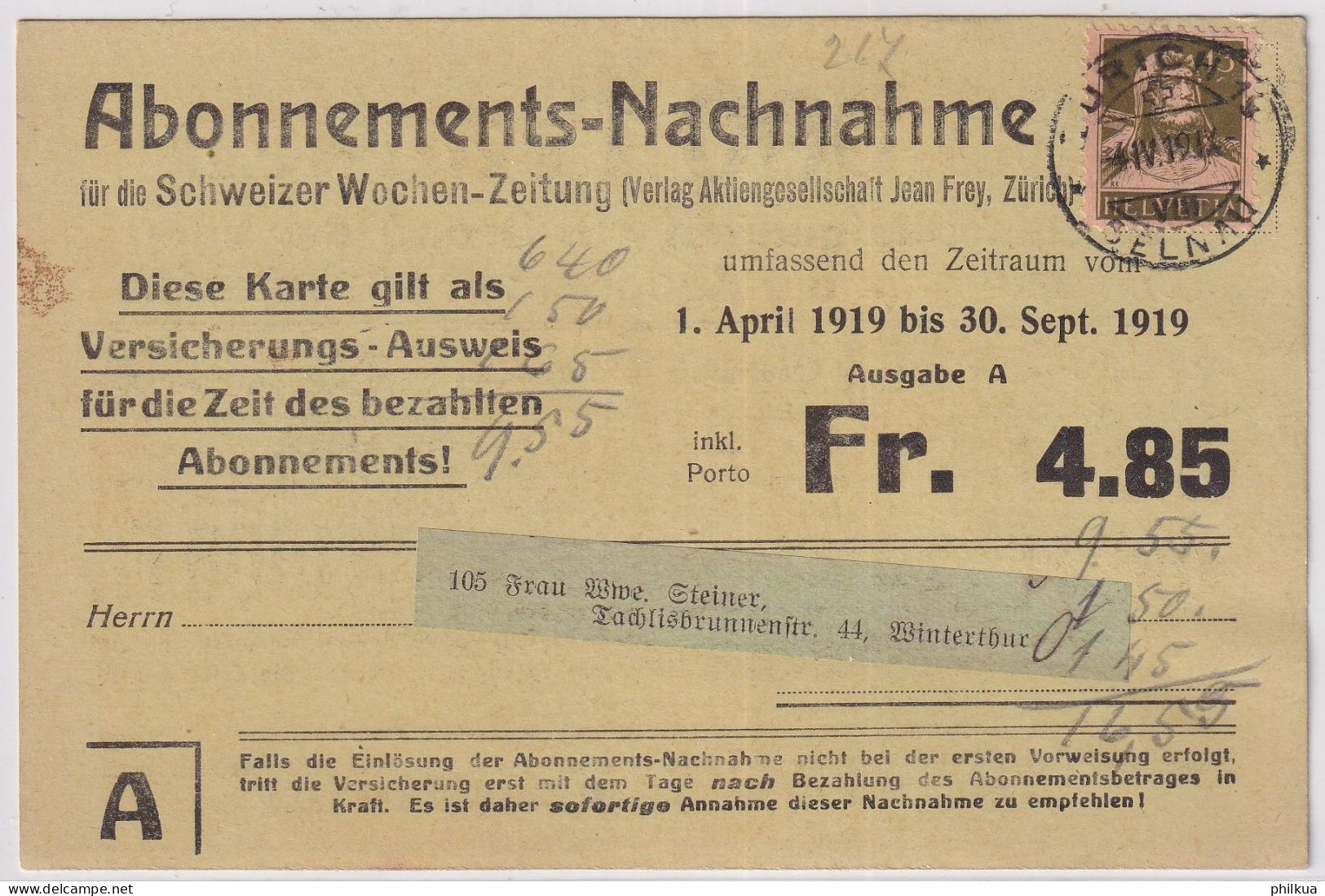 Zum. 139 / MiNr. 139x Auf Abonnements NN-Karte - Schweizer Wochen-Zeitung - Zürich Seelnau - Winterthur - Lettres & Documents