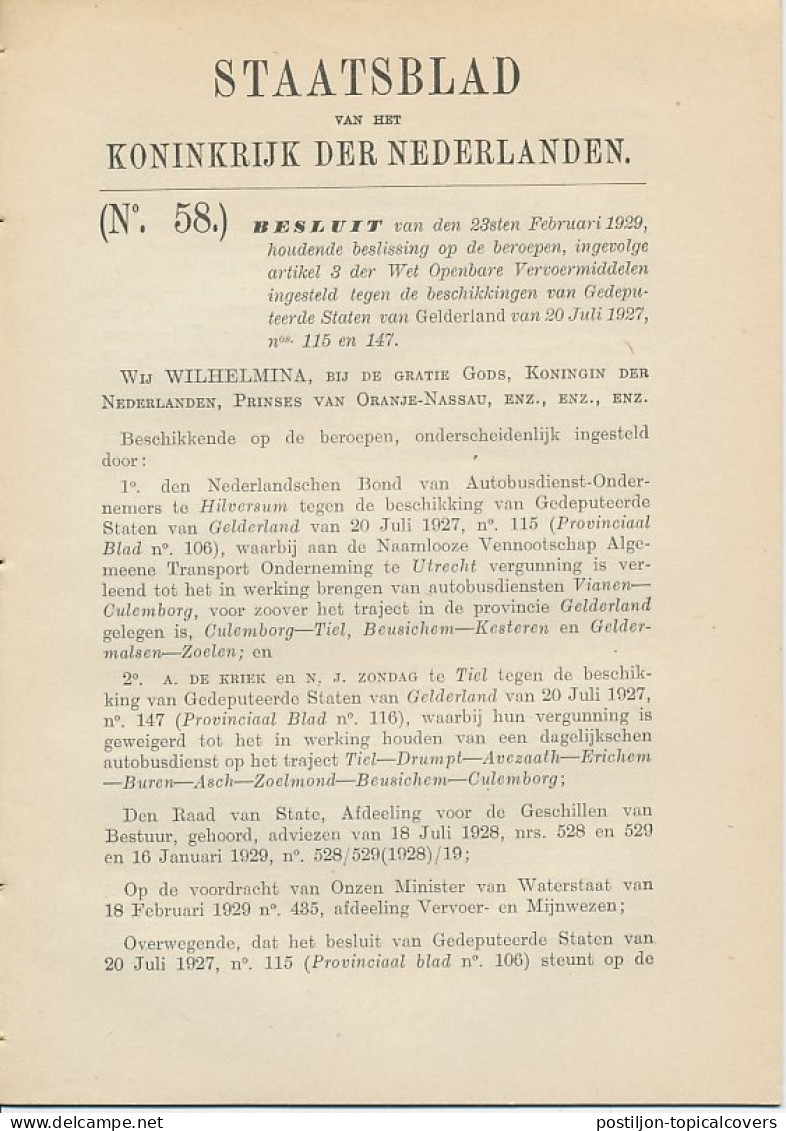 Staatsblad 1929 : Autobusdienst Vianen - Culemborg Enz. - Historical Documents