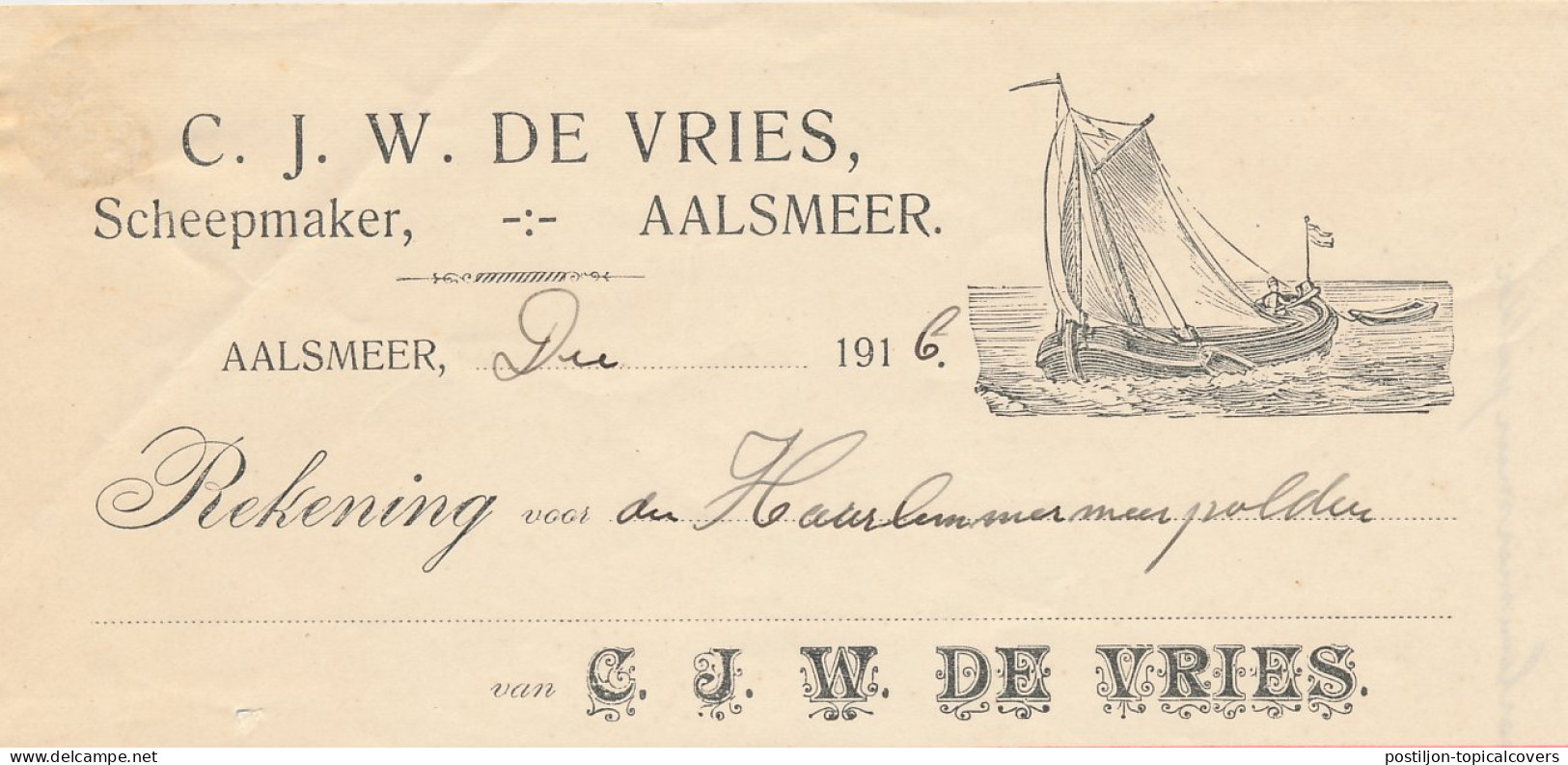 Nota Aalsmeer 1916 - Scheepsmaker - Holanda