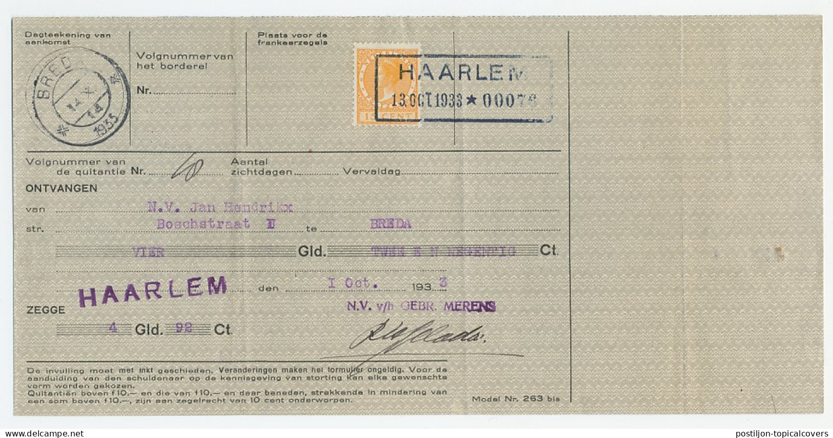 Em. Veth Haarlem - Breda 1933 - Kwitantie - Unclassified