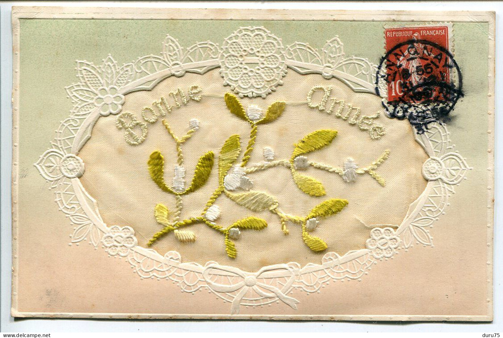 CPA Brodée Voyagé 1909 * BONNE ANNÉE Branche De Gui Couleur Or * Ecrite à Annonay 30 Décembre - Embroidered