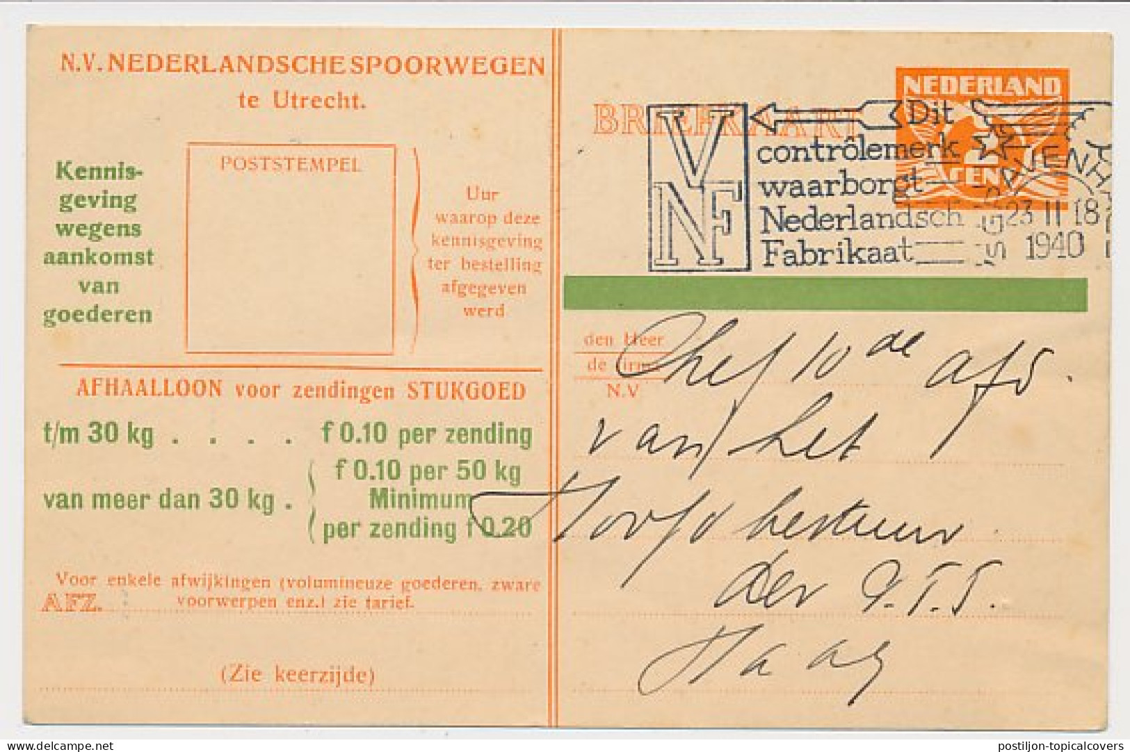 Spoorwegbriefkaart G. NS255 B - Locaal Te Den Haag 1940 - Postal Stationery