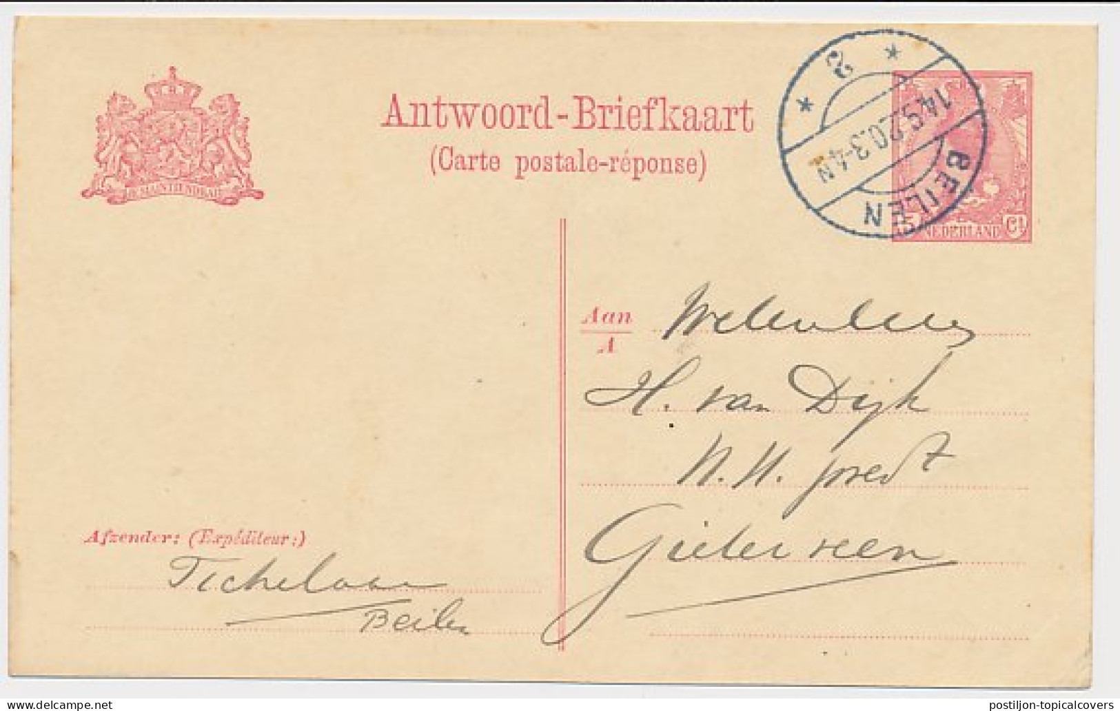 Briefkaart G. 105 A-krt. Beilen - Gieterveen 1920 - Entiers Postaux