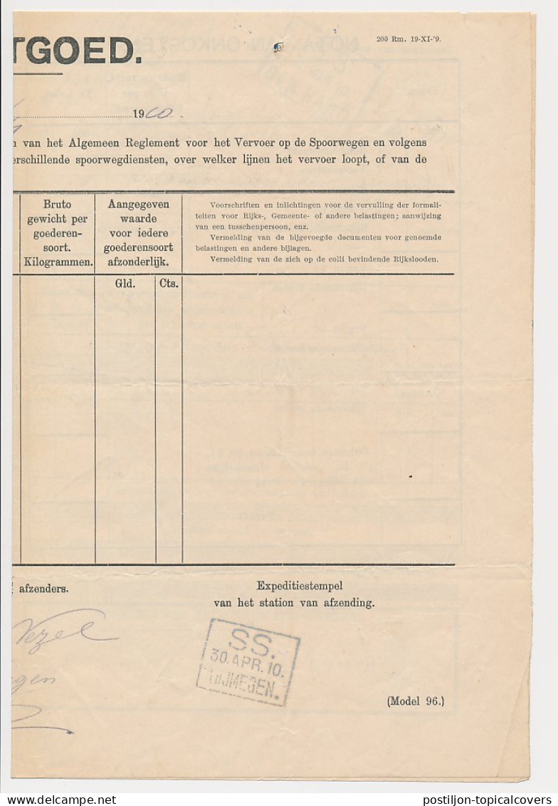 Vrachtbrief Staats Spoorwegen Nijmegen - Den Haag 1910 - Ohne Zuordnung