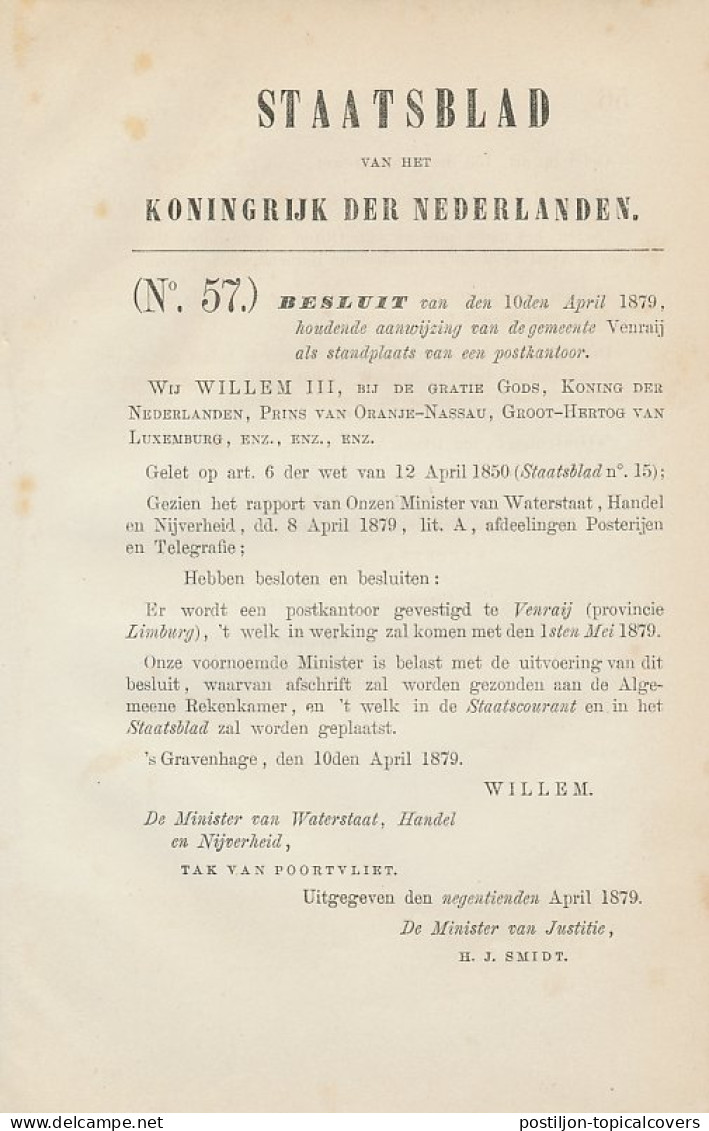 Staatsblad 1879 - Betreffende Postkantoor Venraij - Lettres & Documents
