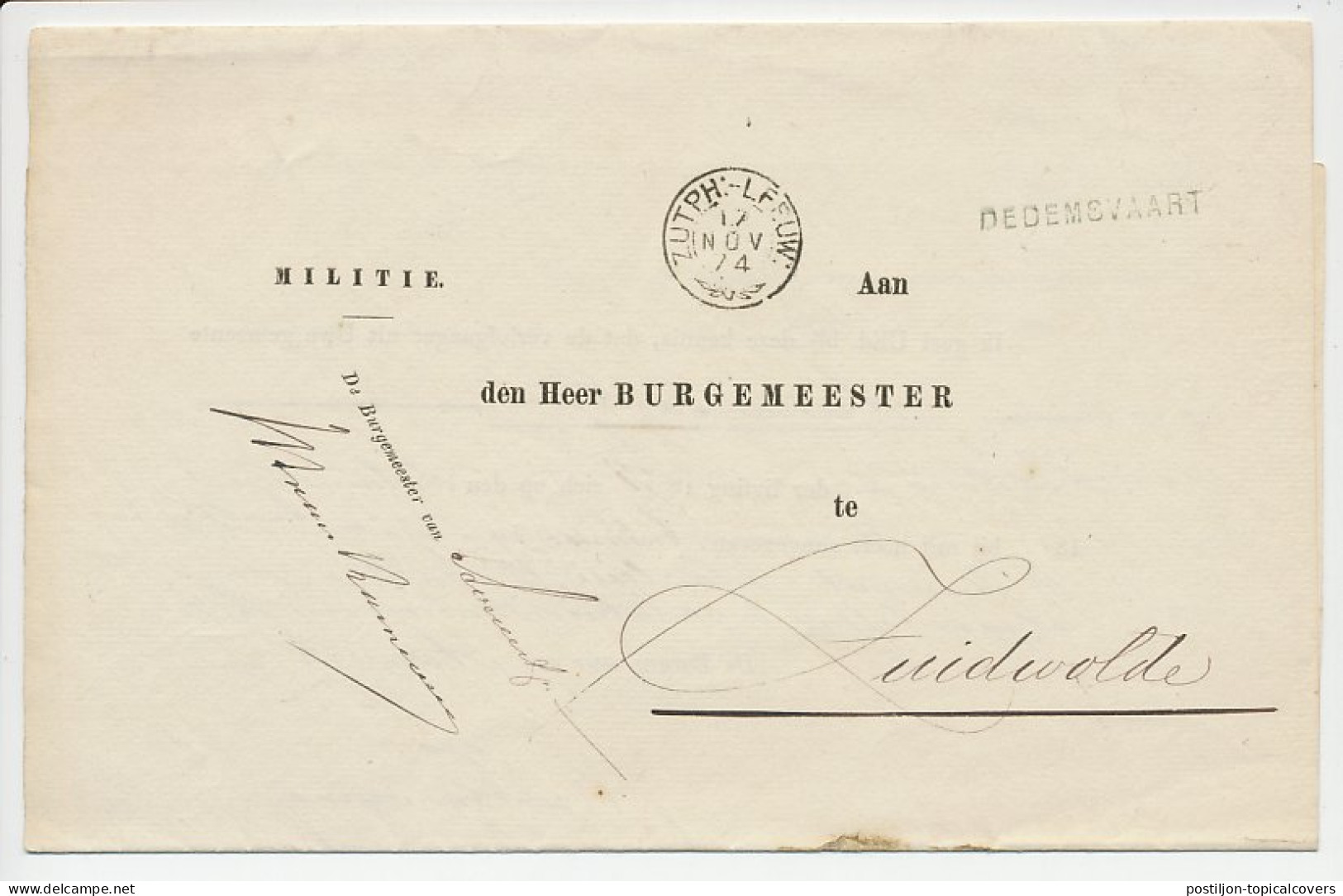 Avereest - Trein Takjestempel Zutphen - Leeuwarden 1874 - Briefe U. Dokumente