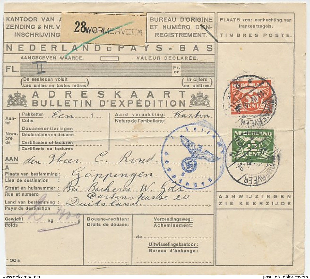 Em. Duif Pakketkaart Wormerveer - Duitsland 1943 - Non Classés