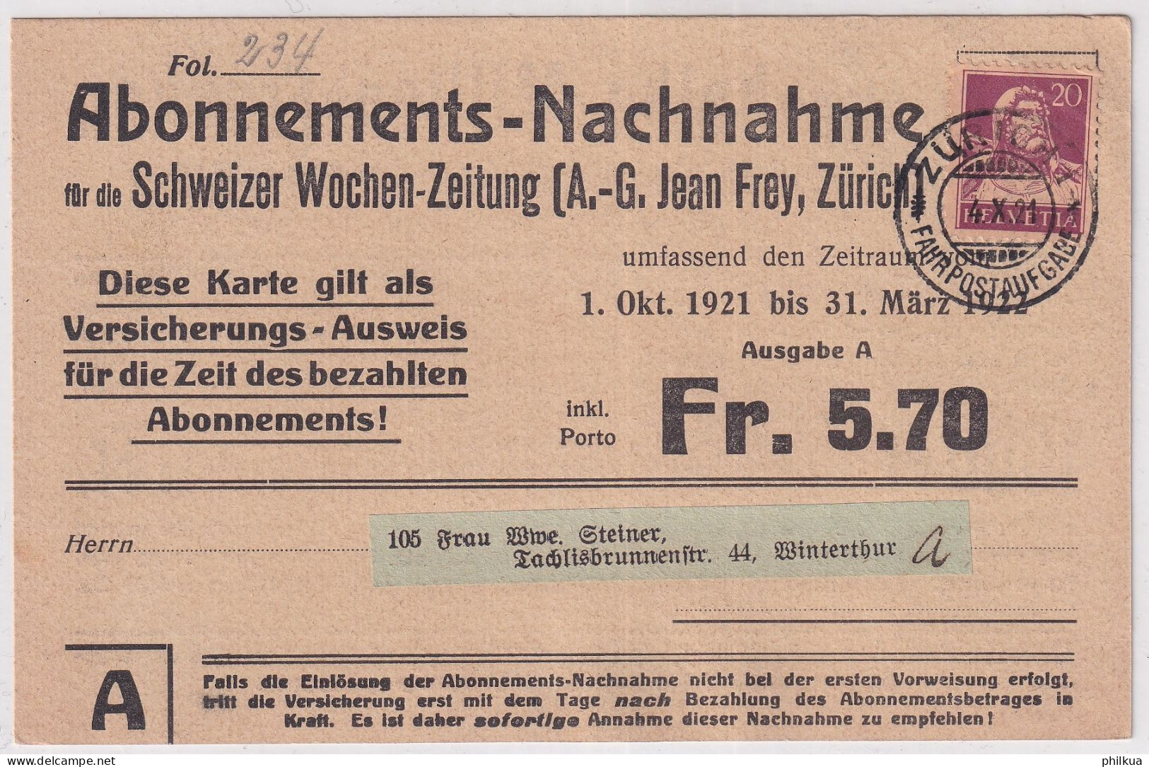 Zum. 154 / MiNr. 165x Auf Abonnements NN-Karte - Schweizer Wochen-Zeitung - Zürich 1 Fahrpostaufgabe - Winterthur - Briefe U. Dokumente