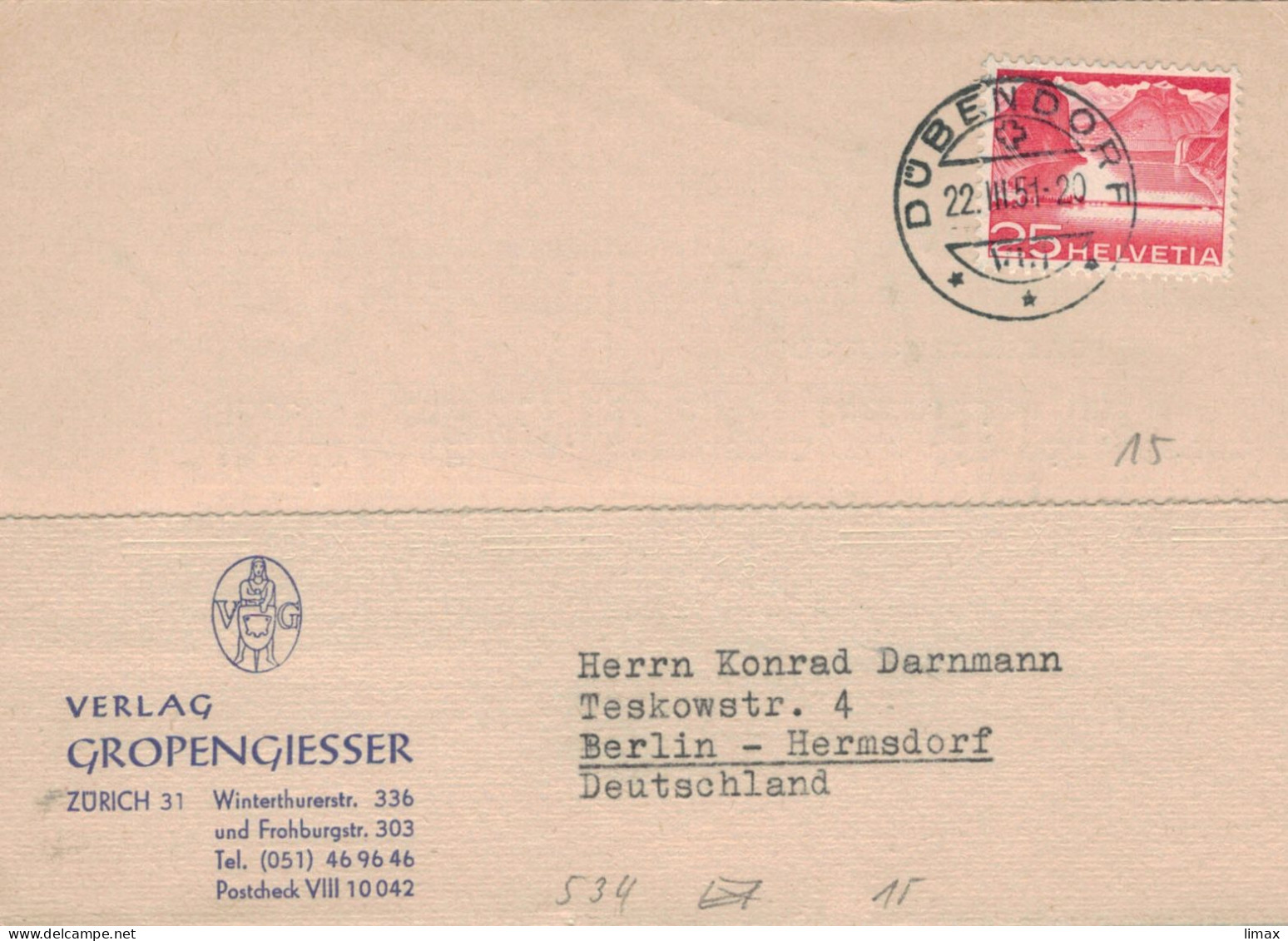 Verlag Gropengiesser Zürich - Dübendorf 1951 > Darnmann Berlin - Export-Stop Nach Deutschland - Ev. In DE Verlegen - Storia Postale