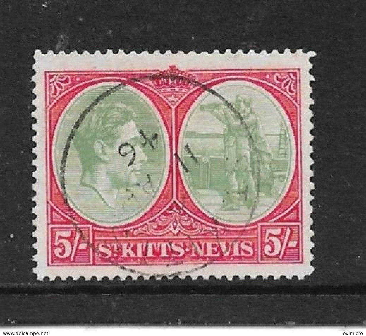 ST. KITTS-NEVIS 1938 5s  SG 77bb BREAK IN FRAME ABOVE ORNAMENT VARIETY ORDINARY PAPER FINE USED Cat £250 - St.Christopher-Nevis & Anguilla (...-1980)