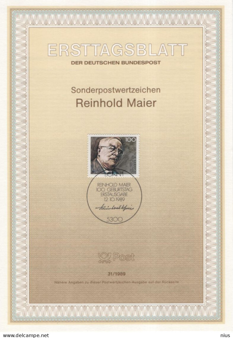 Germany Deutschland 1989-31 100. Geburtstag Von Reinhold Maier, Politiker, Canceled In Bonn - 1981-1990