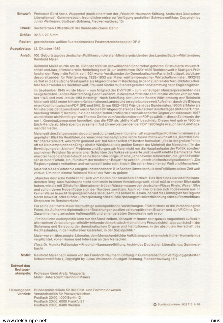 Germany Deutschland 1989-31 100. Geburtstag Von Reinhold Maier, Politiker, Canceled In Bonn - 1981-1990