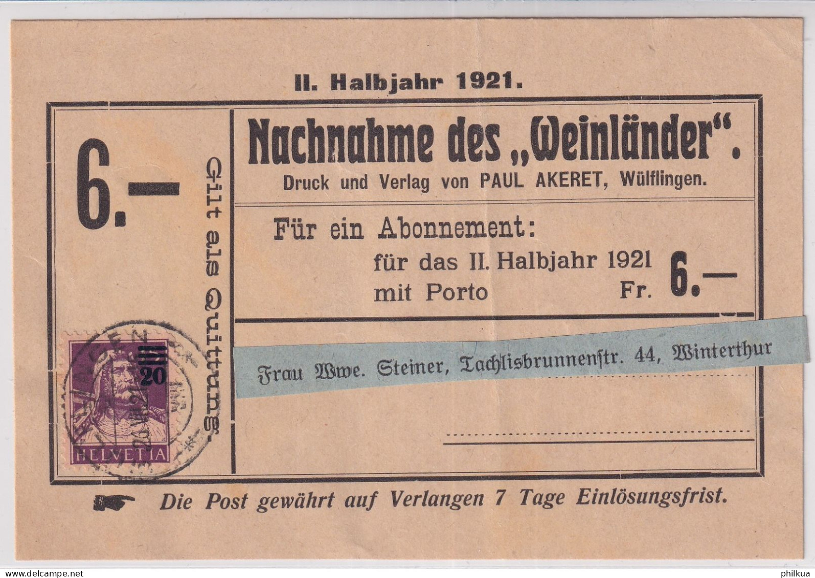 Zum. 150A / MiNr. 160a Auf Abonnements NN-Karte - Des WEINLÄNDERS Von WÜLFLINGEN Nach Winterthur - Cartas & Documentos