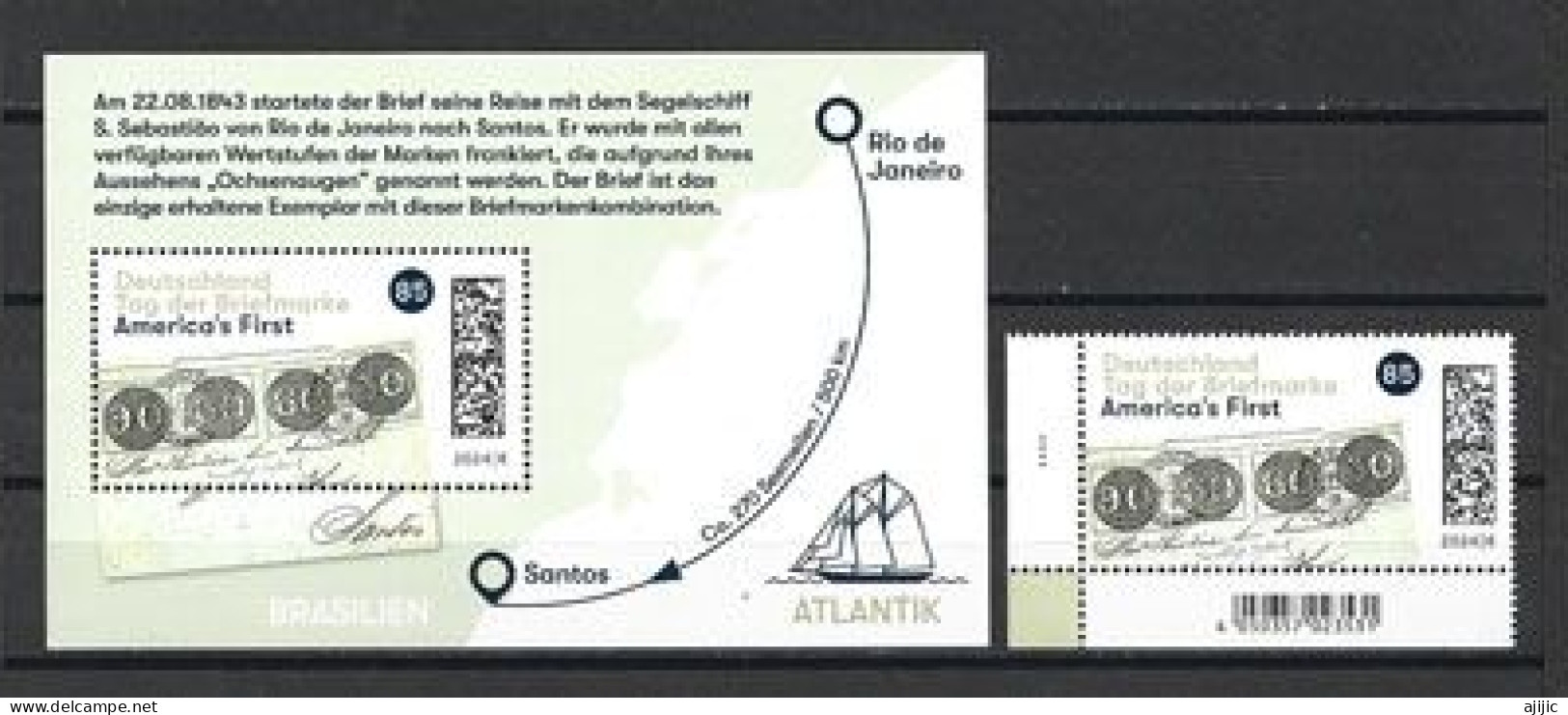 AMERICA'S FIRST, Bloc-feuillet + Timbre Neufs ** (lettre De 1843) De Santos A Rio De Janeiro - Unused Stamps
