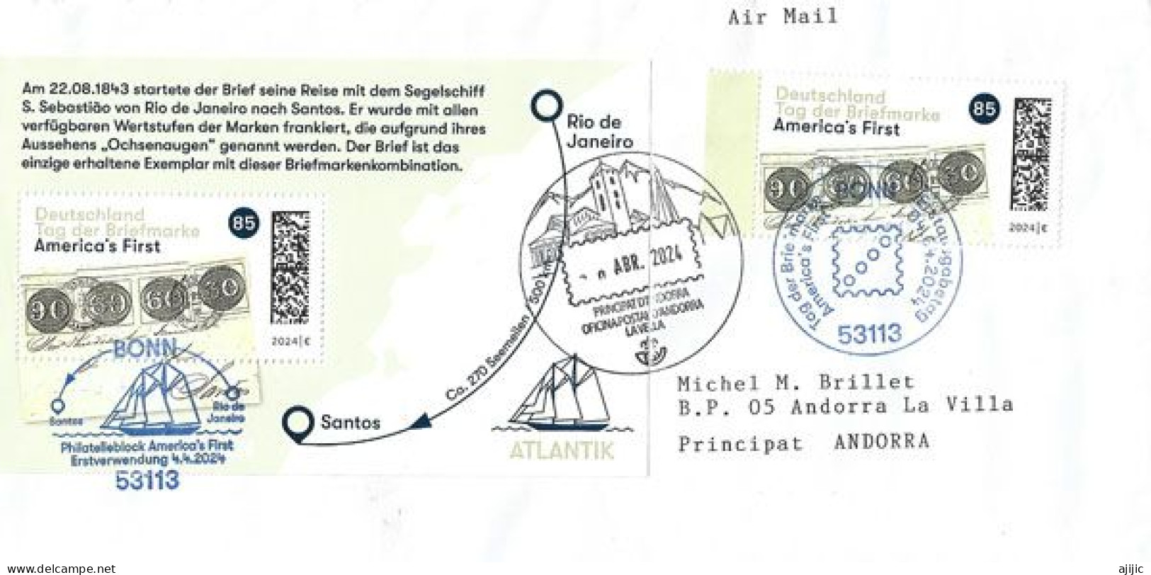AMERICA'S FIRST, Bloc-feuillet + Timbre  FDC Bonn  (lettre De 1843) De Santos A Rio De Janeiro, à Andorra - 2011-…