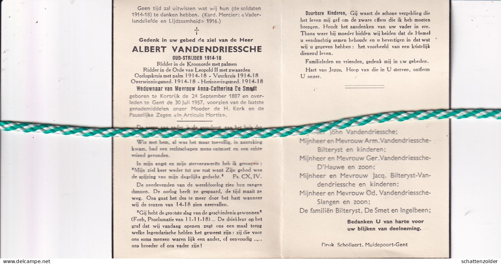 Albert Vandendriessche-De Smedt, Kortrijk 1887, Gent 1957. Oud-strijder Vuurkruiser 14-18 - Todesanzeige