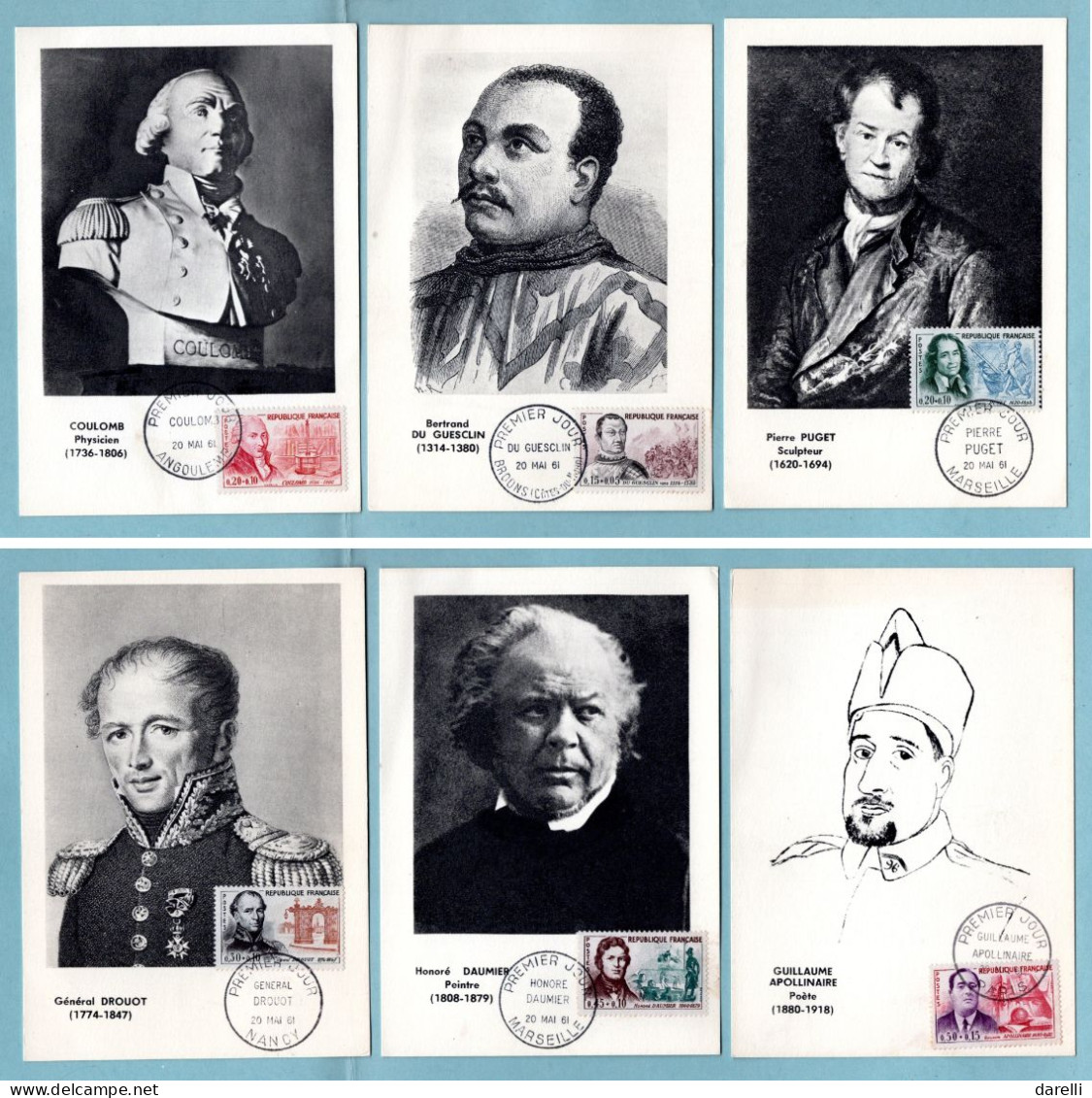 Carte Maximum 1961 - Célébrités 1961 - Du Guesclin, Puget, Coulomb,  Drouot, Daumier,  Apollinaire - YT 1295 à 1300 - 1960-1969