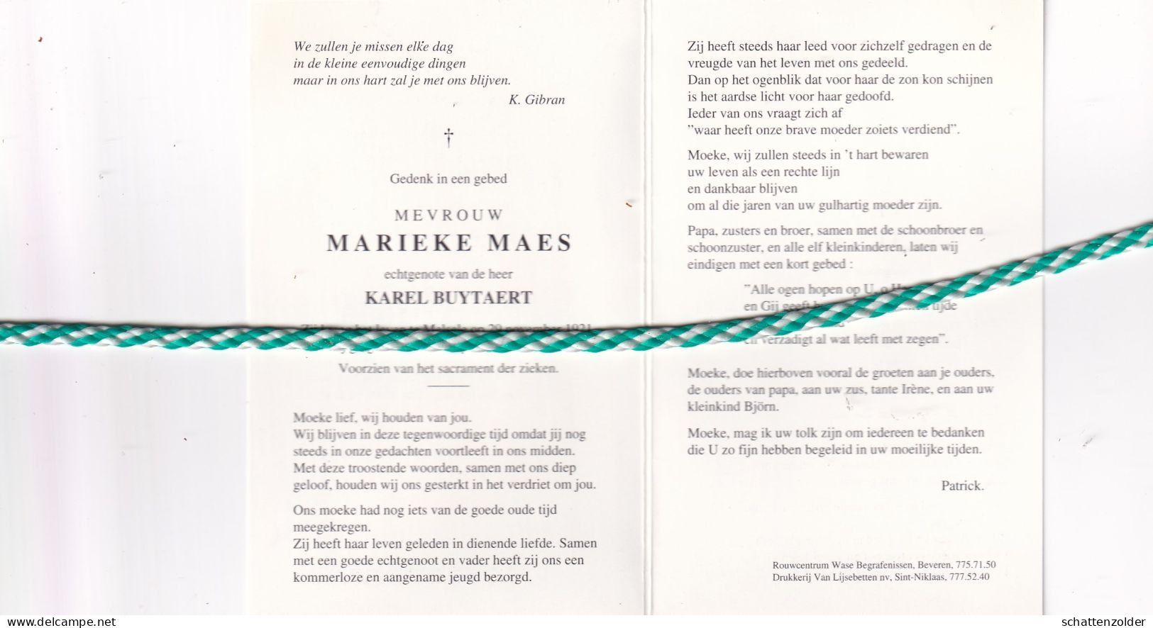 Marieke Maes-Buytaert, Melsele 1921, 1993. Foto - Esquela