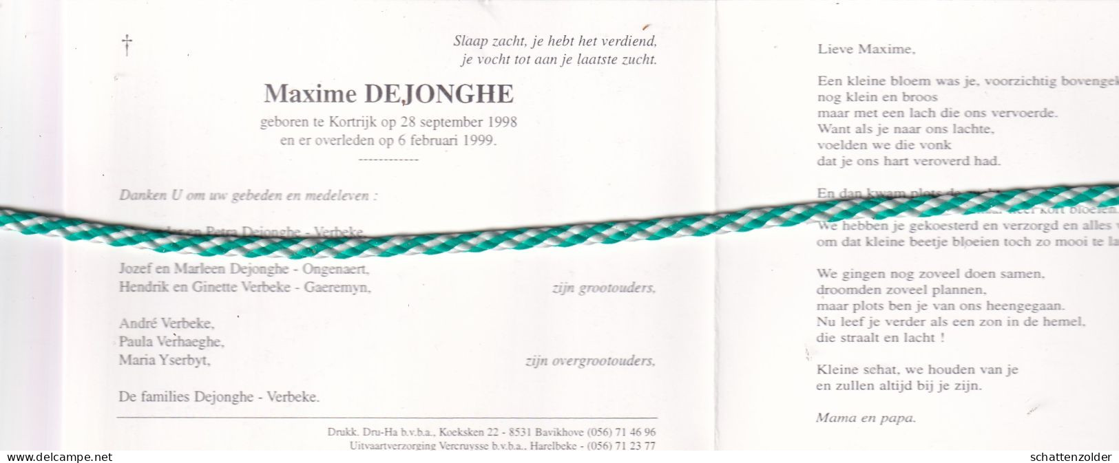 Maxime Dejonghe-Verbeke, Kortrijk 1998, 1999. Foto - Todesanzeige