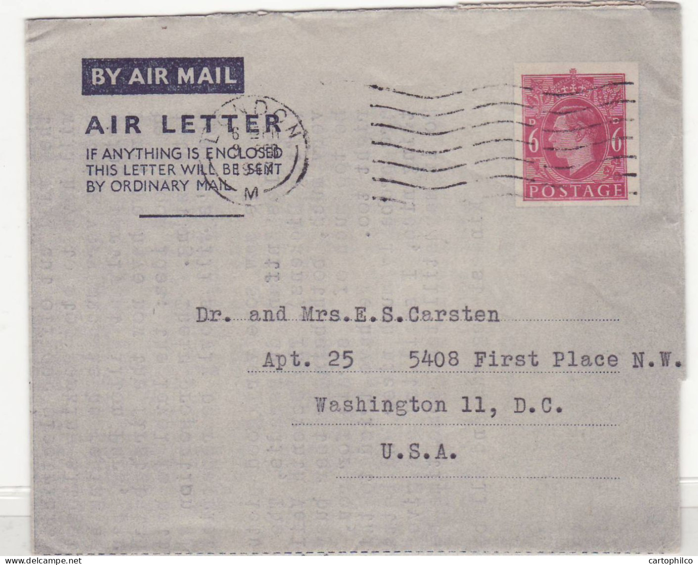 Aerogram Great Britain George VI London To Washington USA - Entiers Postaux