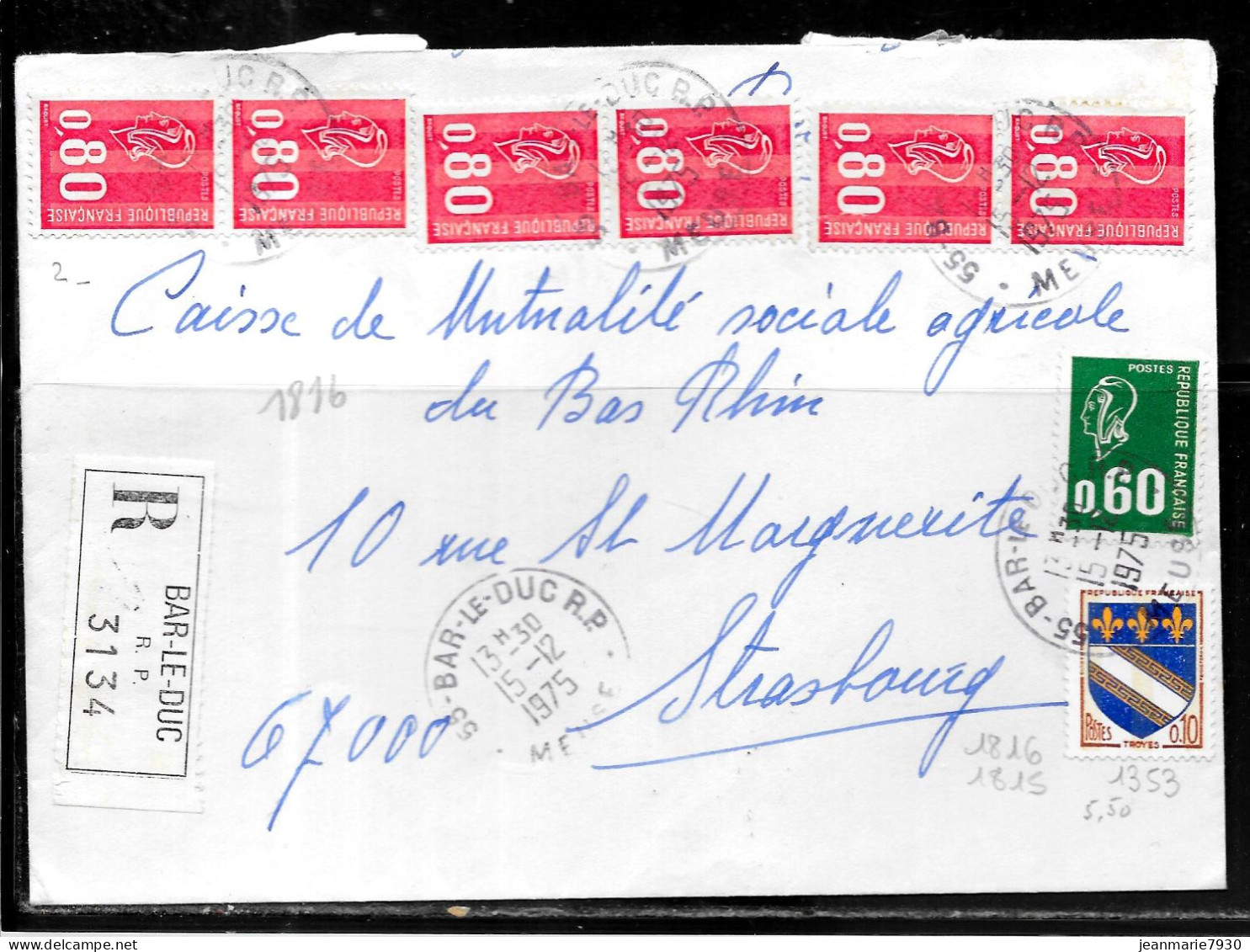 K41 - MARIANNE DE BECQUET SUR LETTRE RECOMMANDEE DE BAR LE DUC RP DU 15/12/75 POUR STRASBOURG - 1961-....