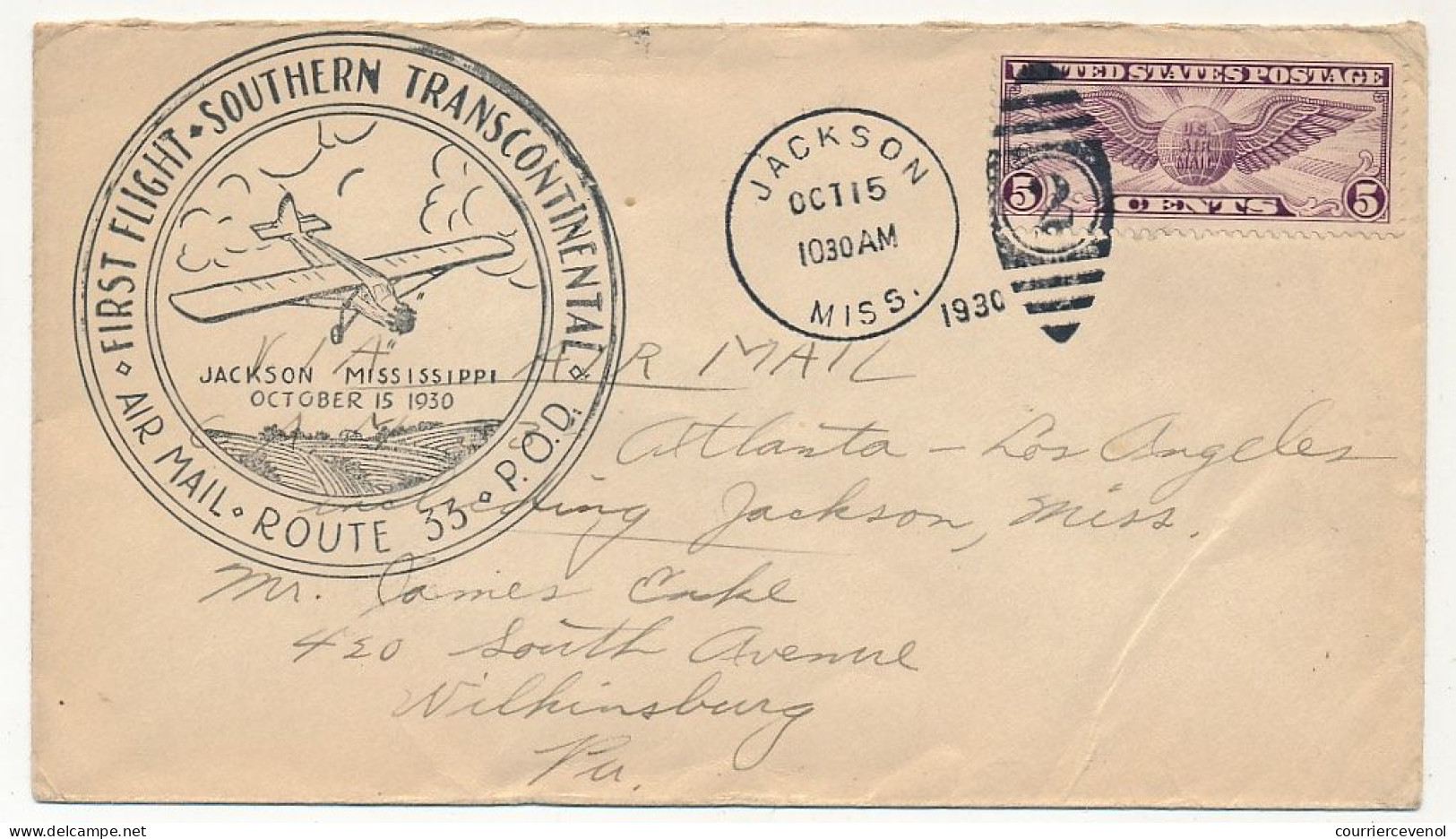 Etats Unis => Env Depuis Jackson (Miss) 15 Oct 1930 - First Flight Southern Transcontinental ROUTE 33 P.O.D - 1c. 1918-1940 Covers