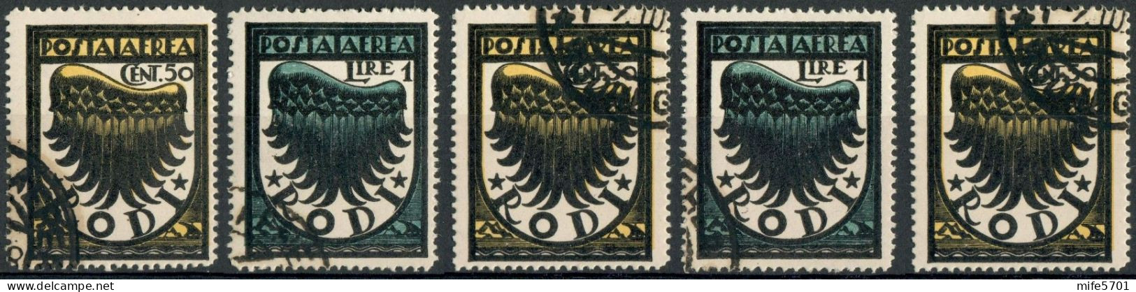 REGNO / COLONIE / EMISSIONI GENERALI / EGEO / POSTA AEREA 1934 5 FRANCOBOLLI DA C. 50 E L. 1 - USATI SASSONE A30/32 - Egeo