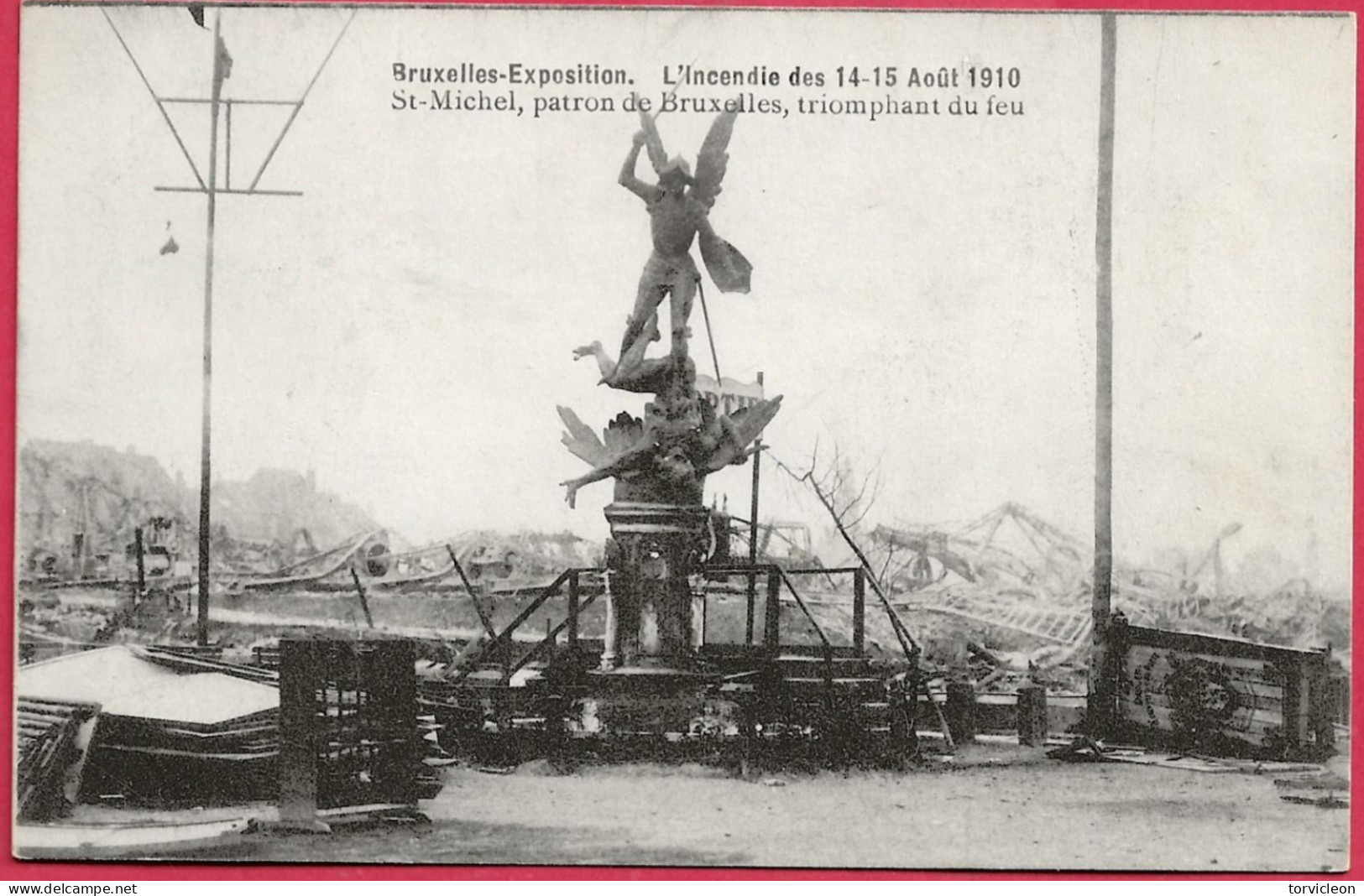 C.P. Bruxelles = Exposition 1910 : L'incendie Des 14-15 Août :  St-Michel, Patron De Bruxelles, Triomphant  Du  Feu - Bruxelles-ville