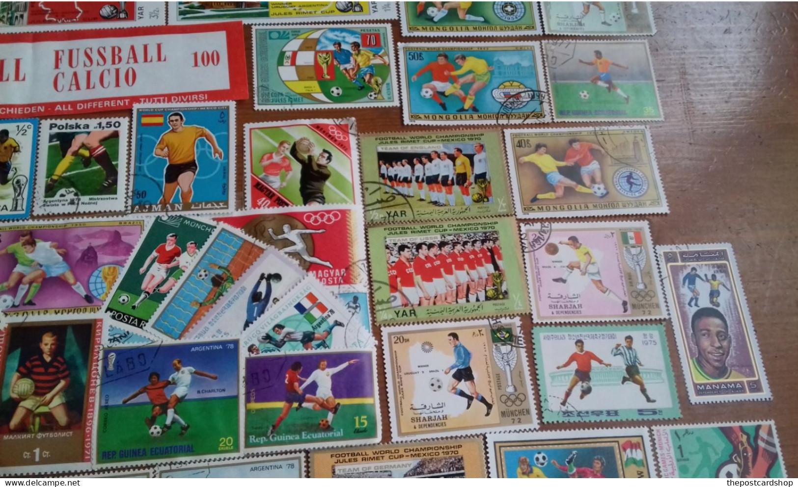 100 DIFFERENT FOOTBALL SOCCER STAMPS ALL ARE ALMOST FROM 50 YEARS AGO PELE BOBBY MOORE ETC