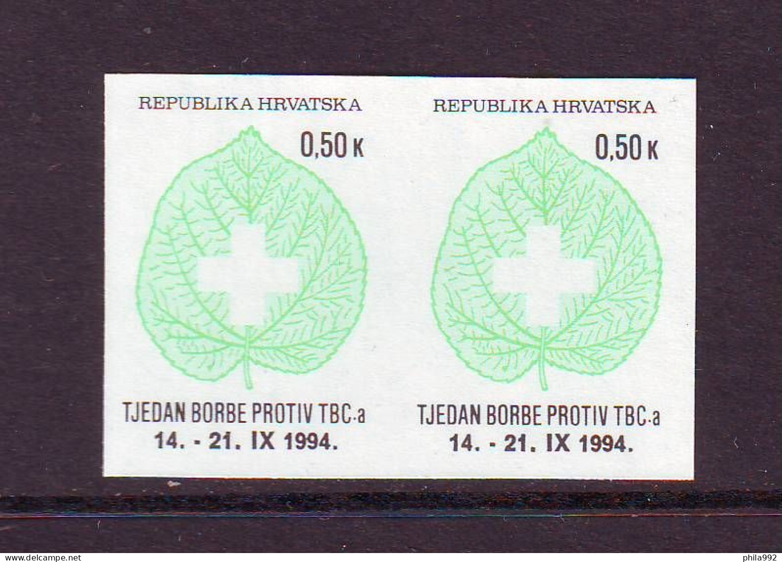 Croatia 1994 Charity Stamp Mi.No.38 RED CROSS TBC Imperforate Pair Through Red  MNH - Kroatien