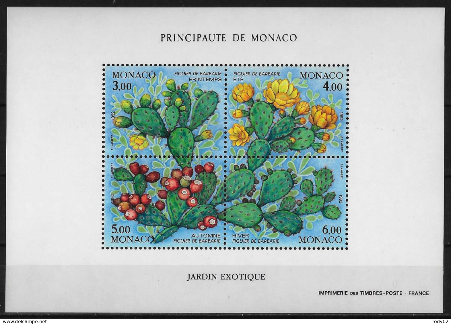 MONACO - ANNEE 1992 - LES QUATRE SAISONS DU FIGUIER DE BARBARIE - BF 55 - NEUF** MNH - Blocks & Kleinbögen