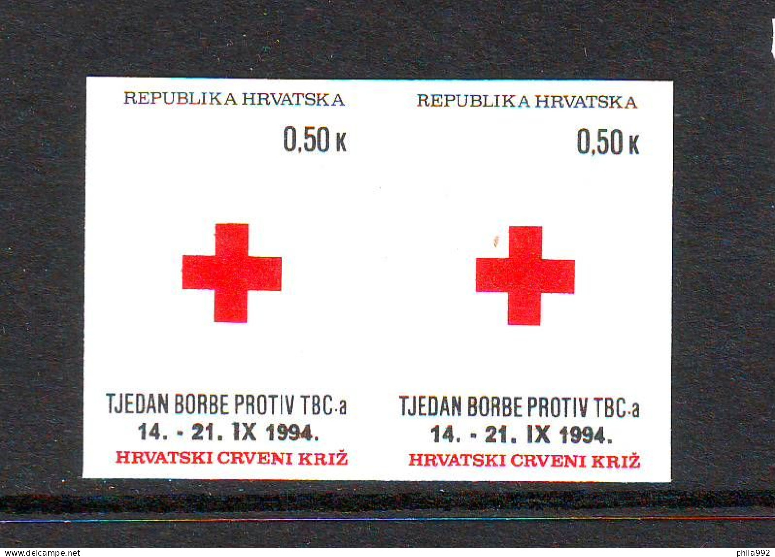 Croatia 1994 Charity Stamp Mi.No.38 RED CROSS TBC Imperforate Pair Through Green  MNH - Kroatien