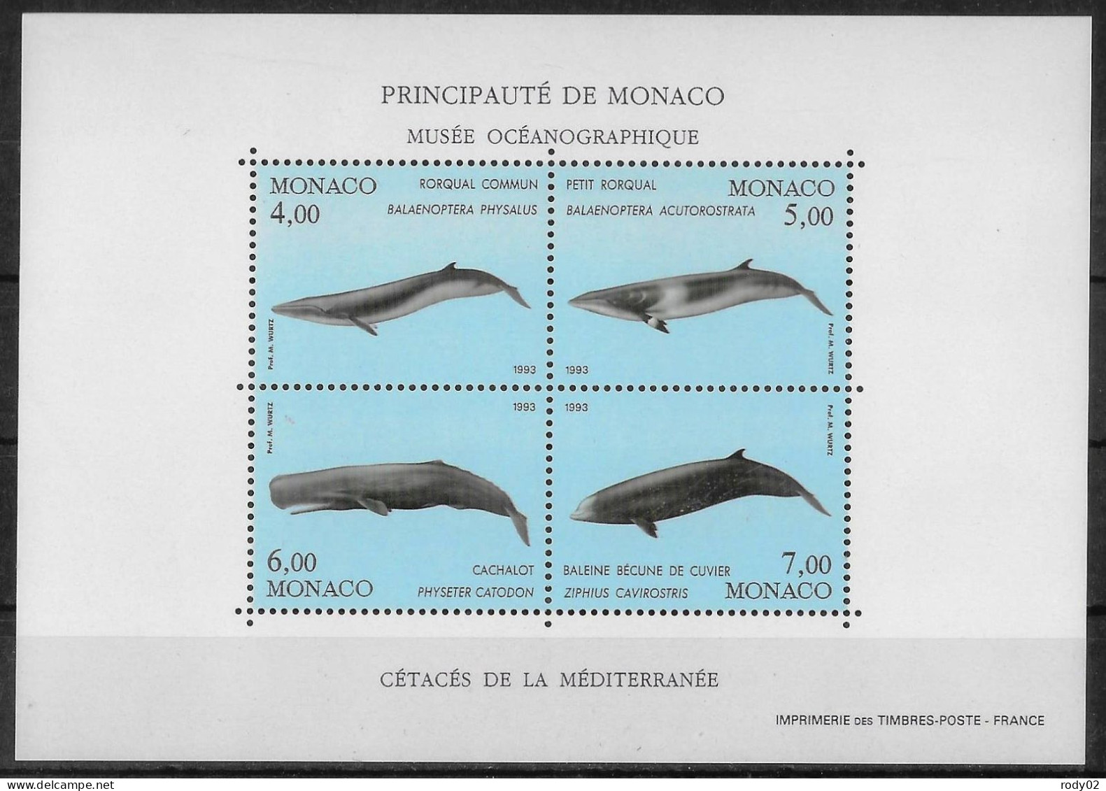 MONACO - ANNEE 1993 - CETACES DE LA MEDITERRANEE - BF 59 - NEUF** MNH - Bloques