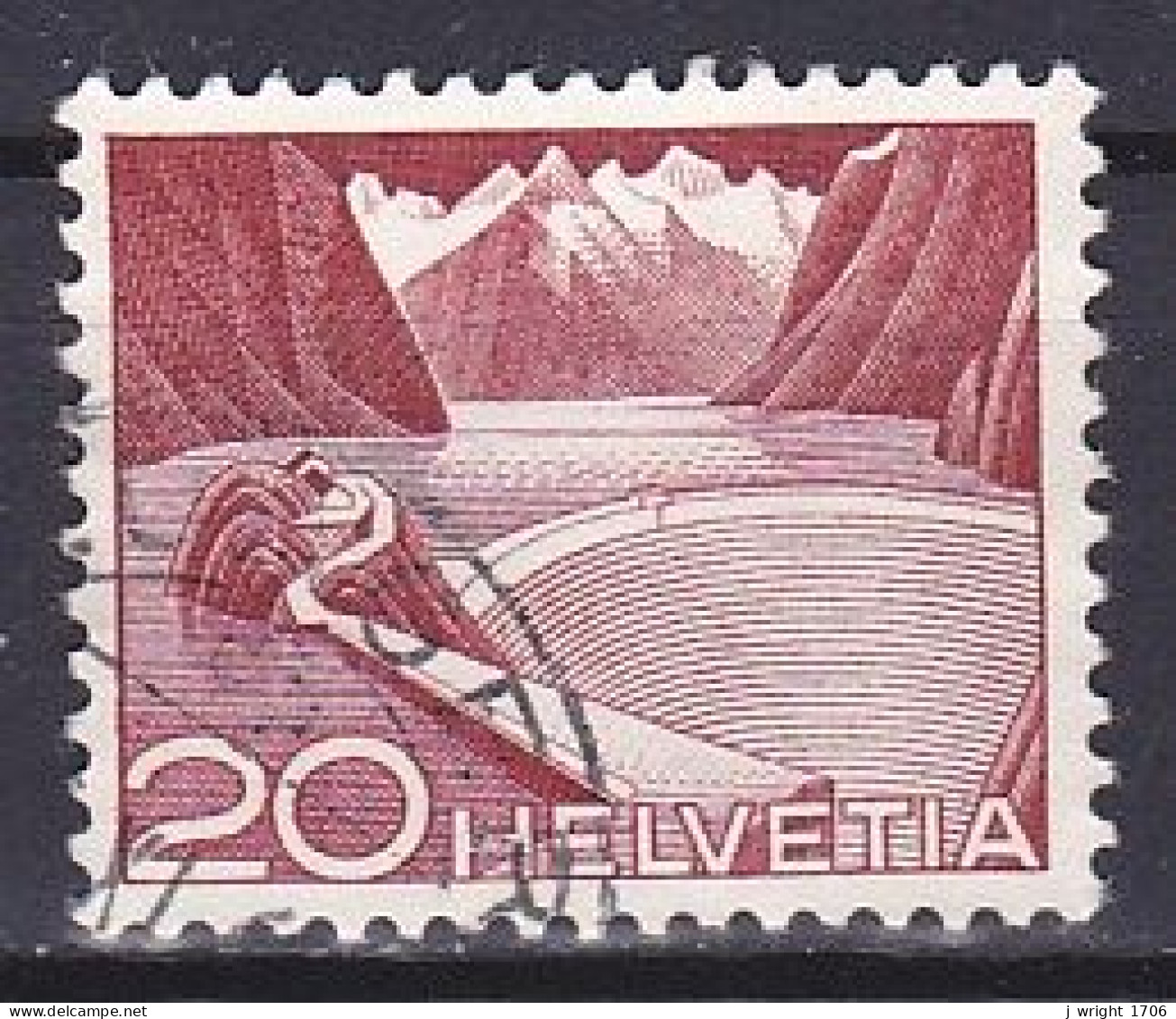 Switzerland, 1949, Landscapes & Technology/Grimsel Reservoir/Strong Diagonal Hatching, 20c, USED - Usati