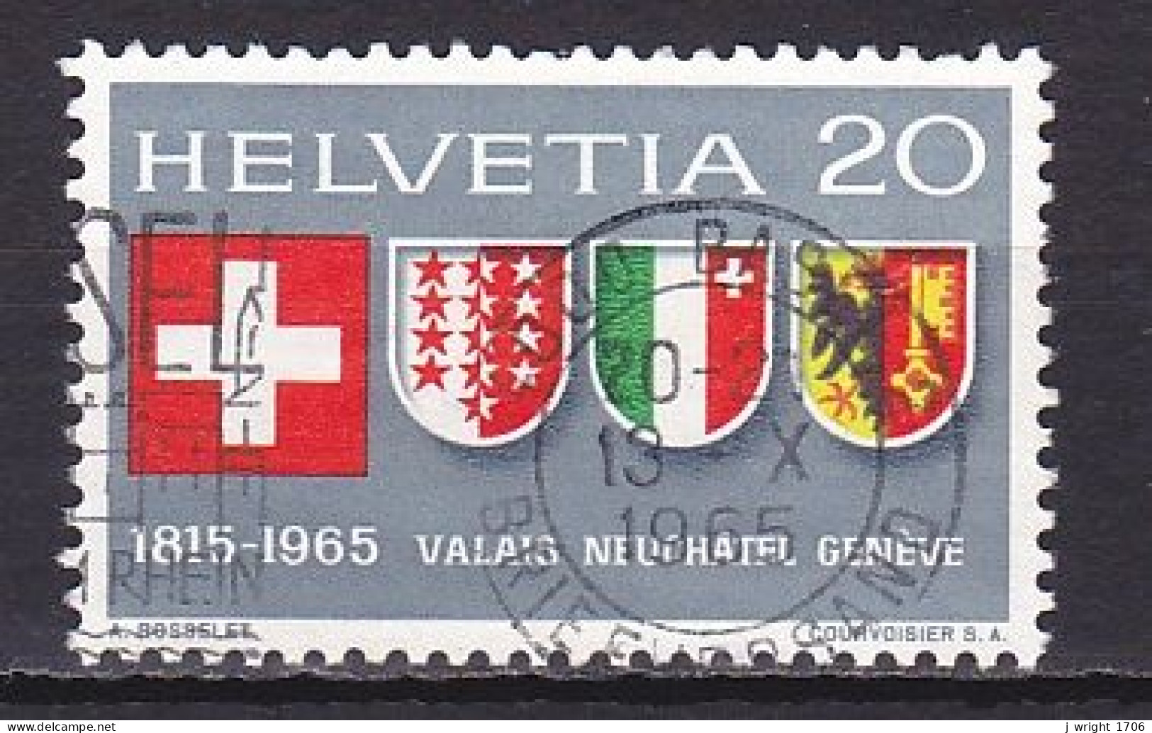 Switzerland, 1965, Valais Neuchatel & Geneva In Confederation 150th Anniv, 20c, USED - Used Stamps