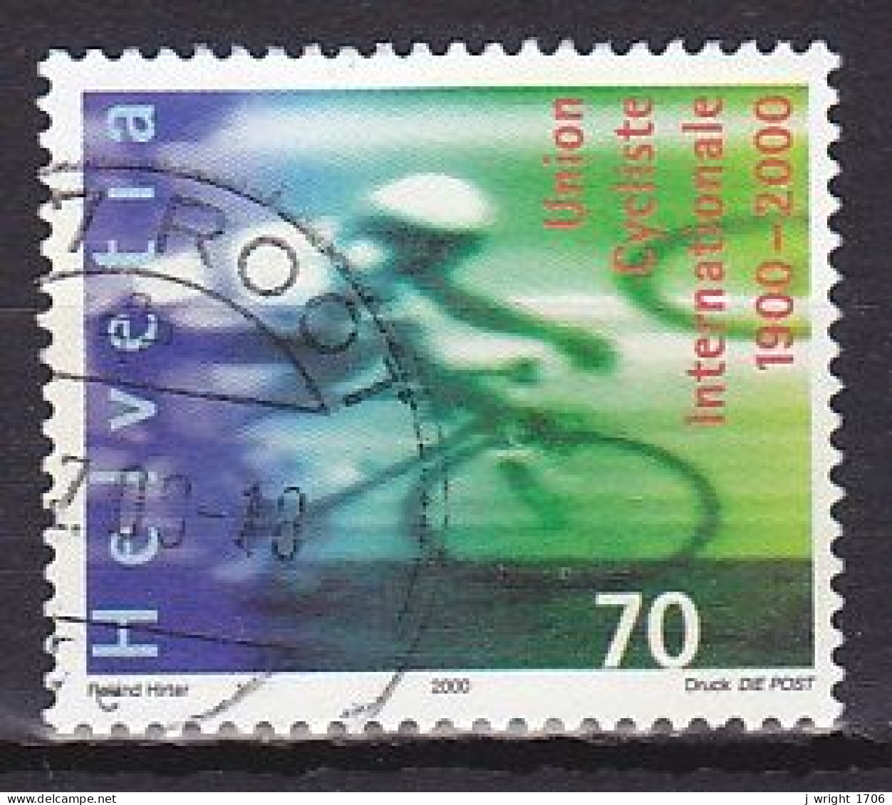 Switzerland, 2000, International Cycling Union Centenary, 70c, USED - Usati