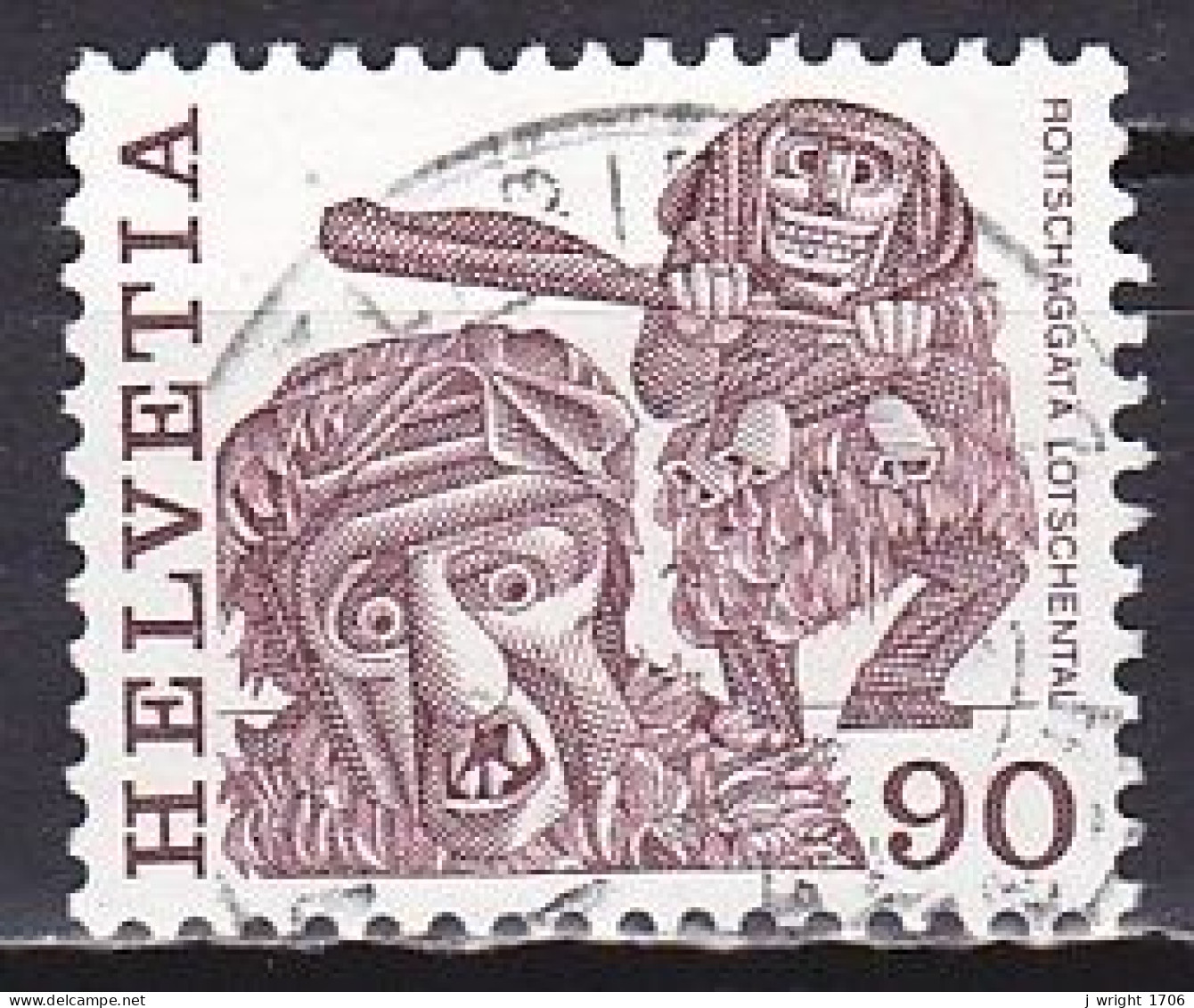 Switzerland, 1977, Folk Customs/Roitschäggätä Lötschental, 90c, USED - Used Stamps