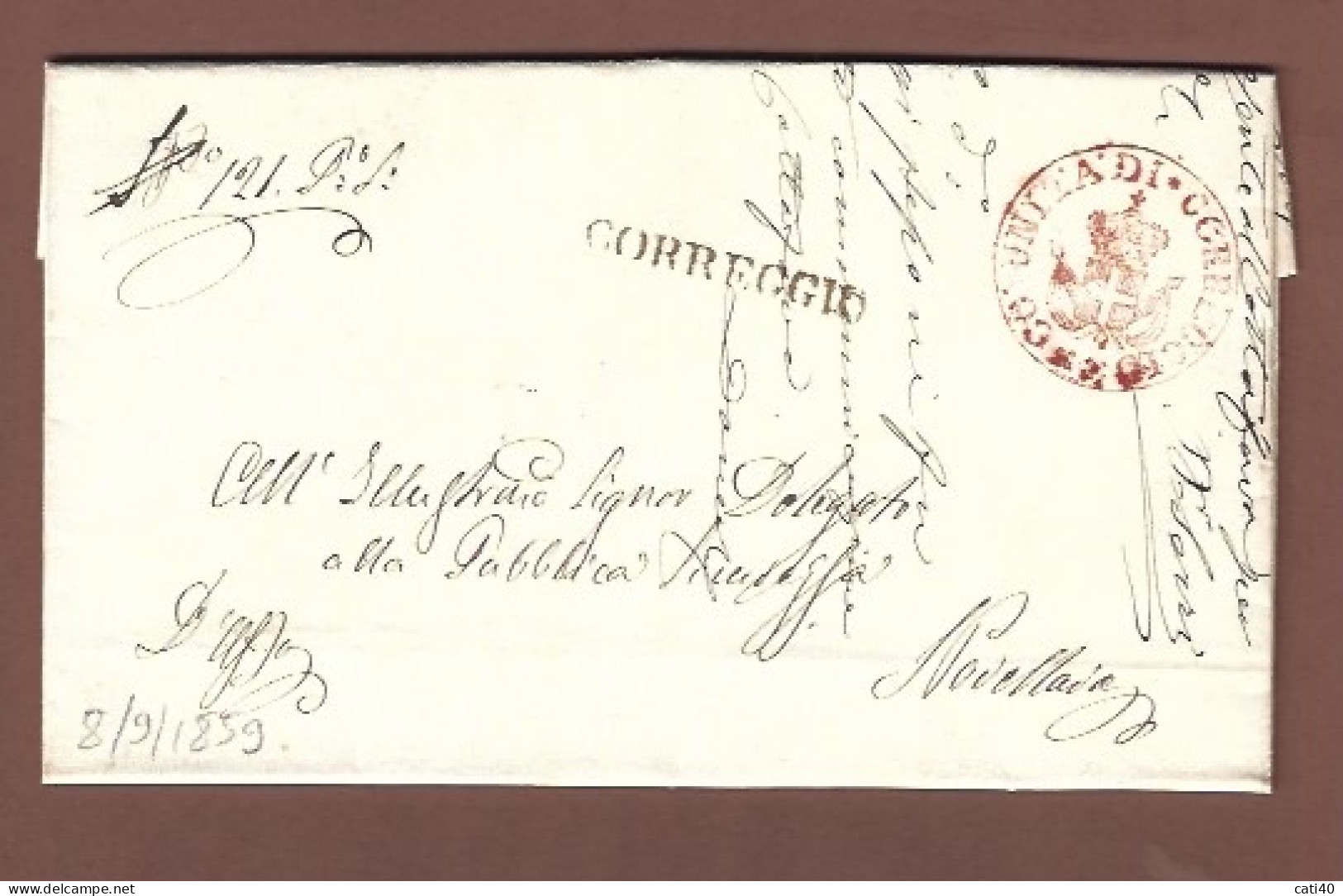 CORREGGIO GOVERNO PROVVISORIO - LETTERA COMPLETA DELL' 8/9/1859 - CORREGGIO Lineare + STEMMA SABAUDO ROSSO - Romagna