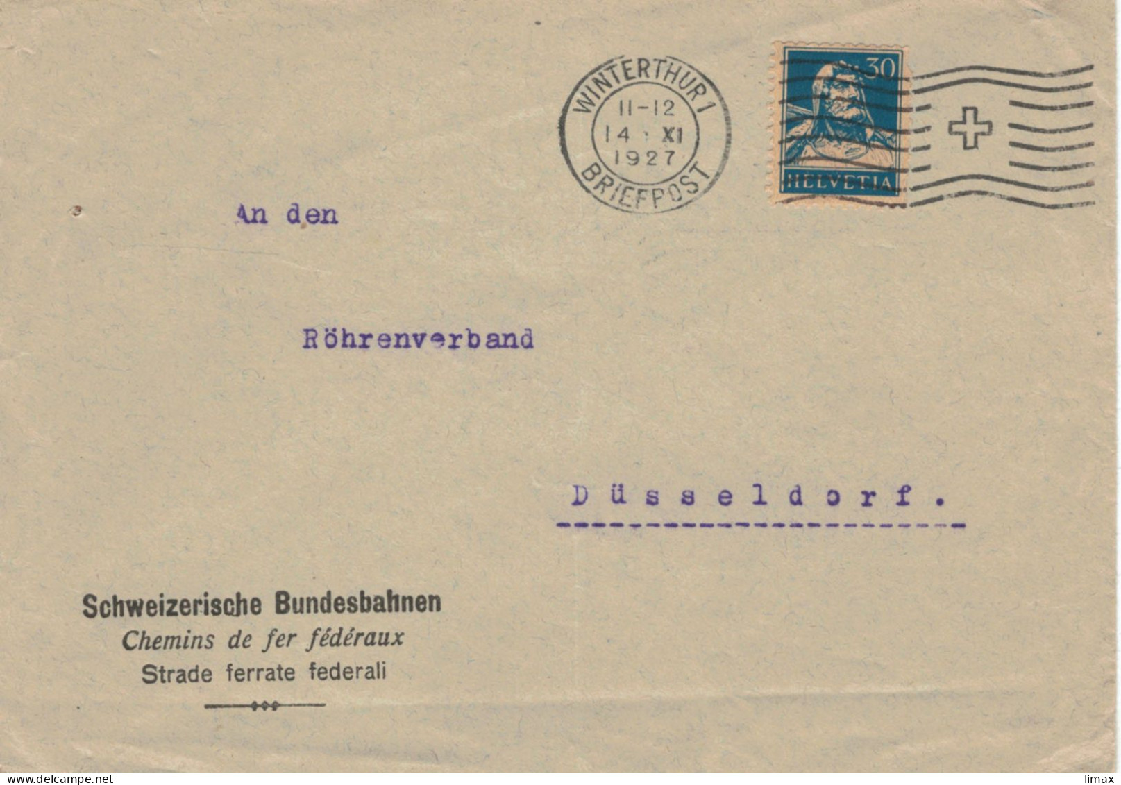 SBB Schweizerische Bundesbahnen Winterthur 1927 Briefpost > Röhrenverband Düsseldorf - Perfin Firmenlochung - Cartas & Documentos