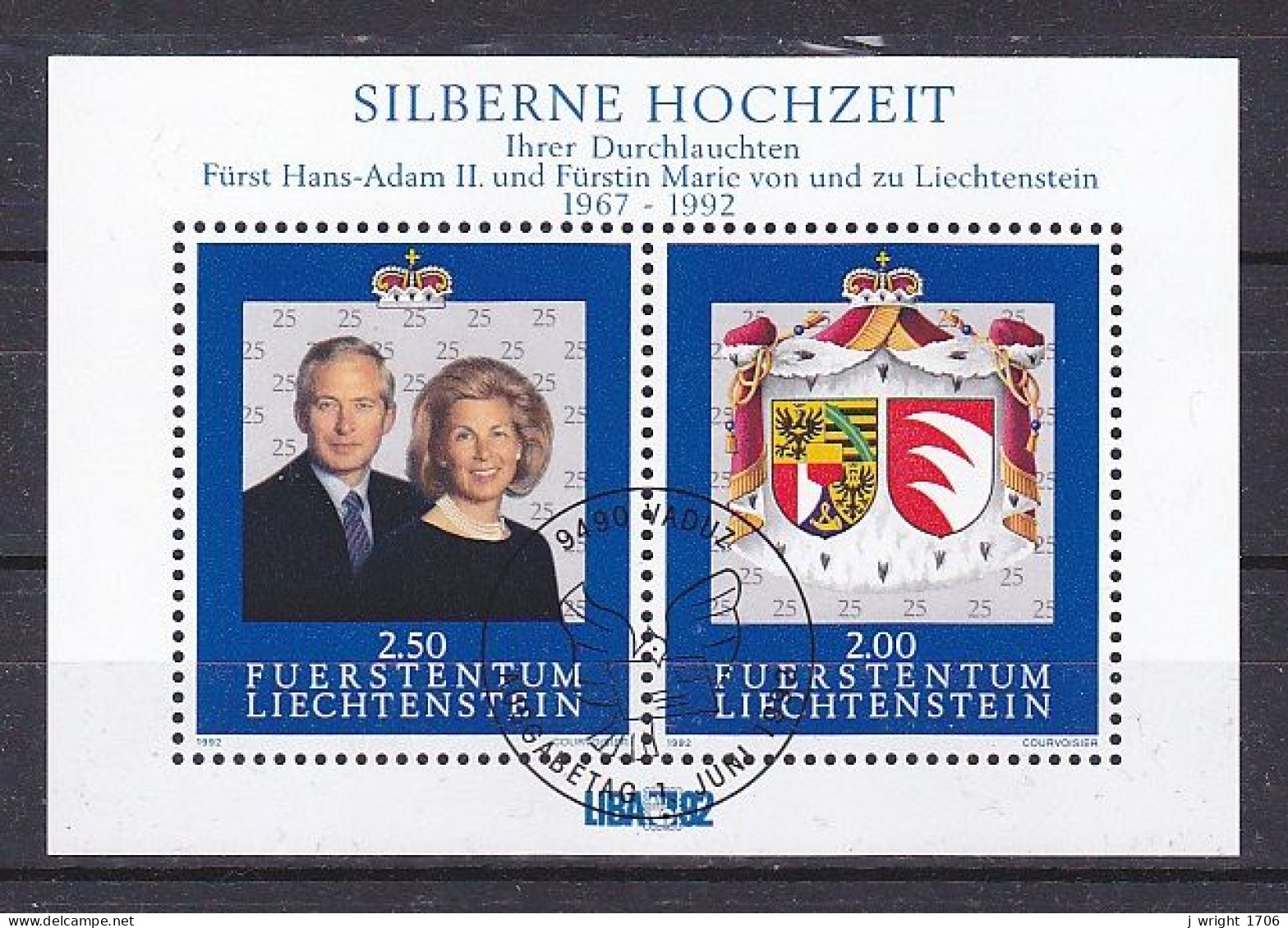 Liechtenstein, 1992, LIBA 92 Stamp Exhib/Silver Wedding Anniv, Block, CTO  - Blocks & Sheetlets & Panes