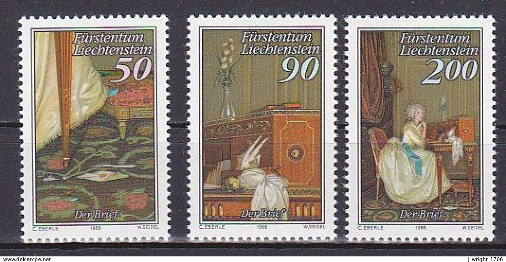 Liechtenstein, 1988, 'The Letter' Paintings, Set, MNH - Ungebraucht