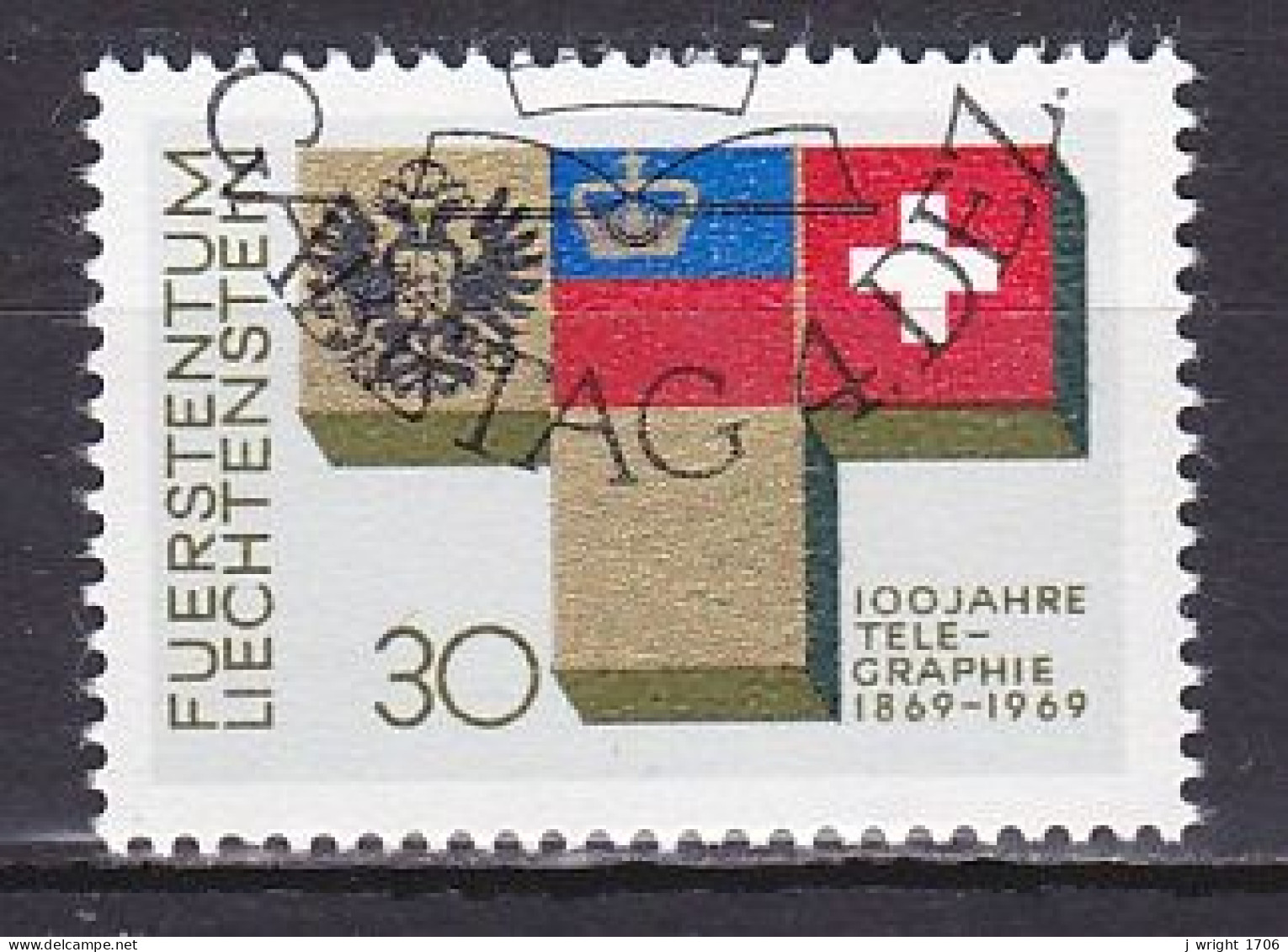 Liechtenstein, 1969, Telegrapf In Liechtenstein Centenary, 30rp, CTO - Gebruikt