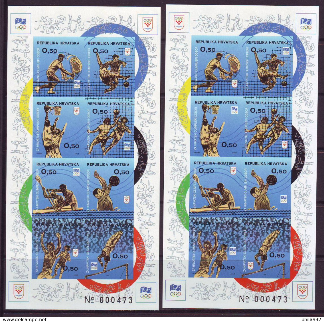 Croatia 1994 Charity Stamp SPORT Mi.No.42-49+50-57 2  Imperforated Mini Sheet Olympic Committee MNH - Croacia