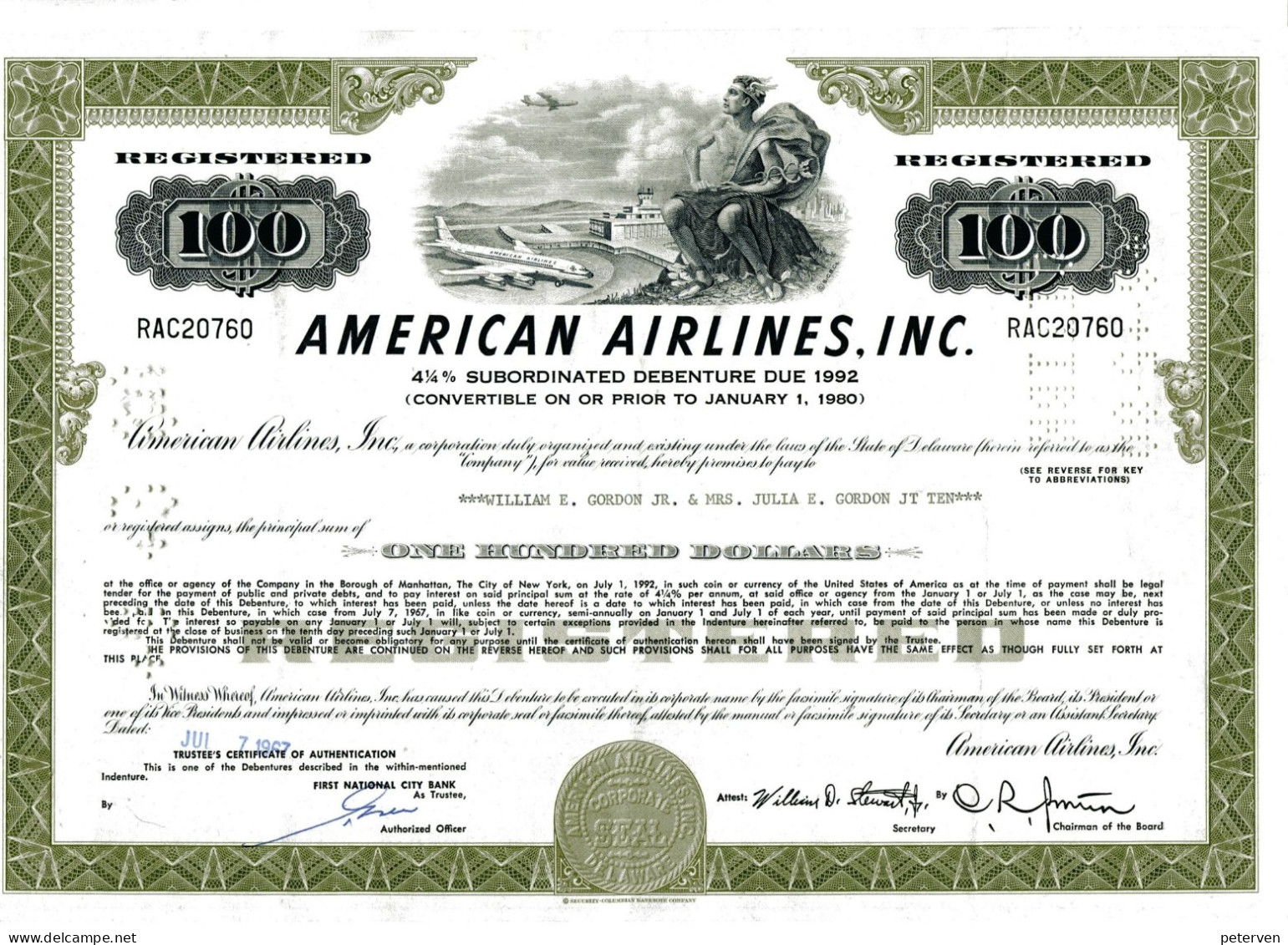 AMERICAN AIRLINES, INC.; 4 1/4% Subord. Debenture - Aviazione