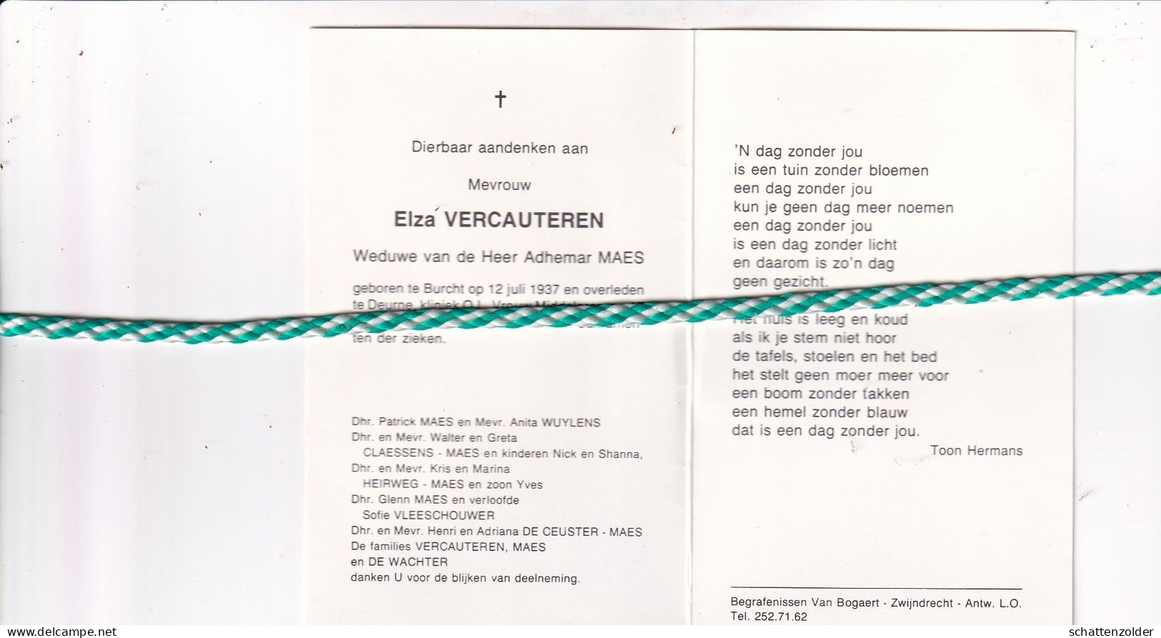 Elza Vercauteren-Maes, Burcht 1937, Deurne 1995 - Todesanzeige
